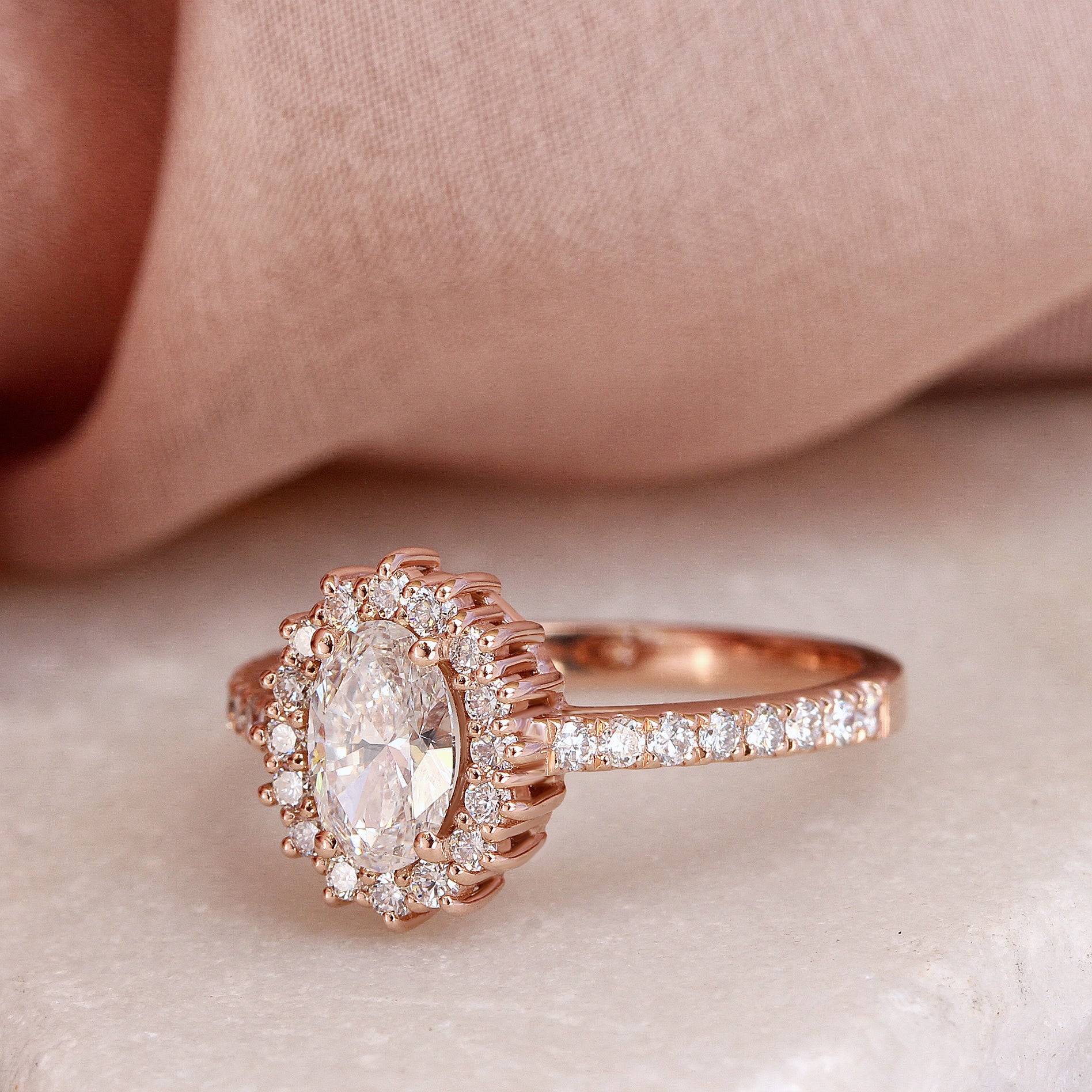 Oval Diamond Halo Engagement ring "Nia' & Two "Hermes" Nesting Bands Three Rings Set