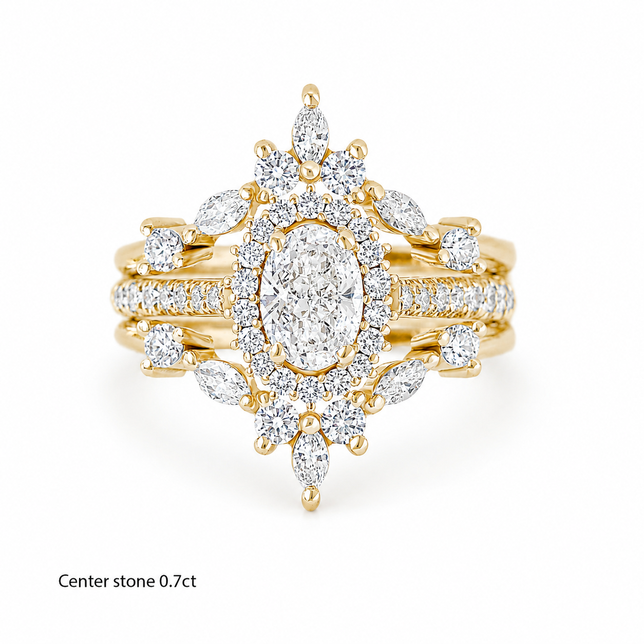 Oval Diamond Halo Engagement ring "Nia' & Two "Hermes" Nesting Bands Three Rings Set