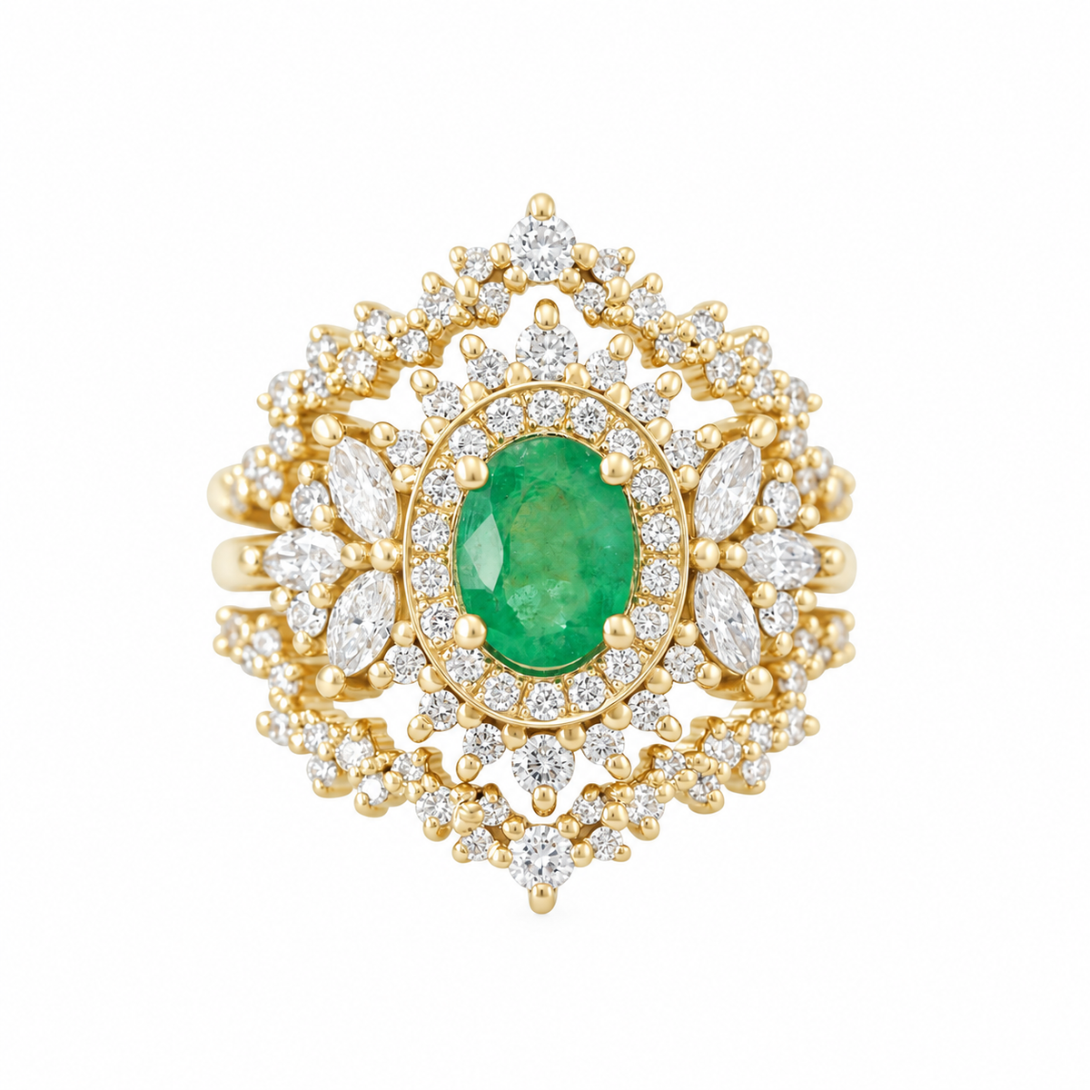 Oval Emerald Double Halo Diamond Unique Engagement Ring with Diamond Dust Ring Guard Enhancer - Monaco