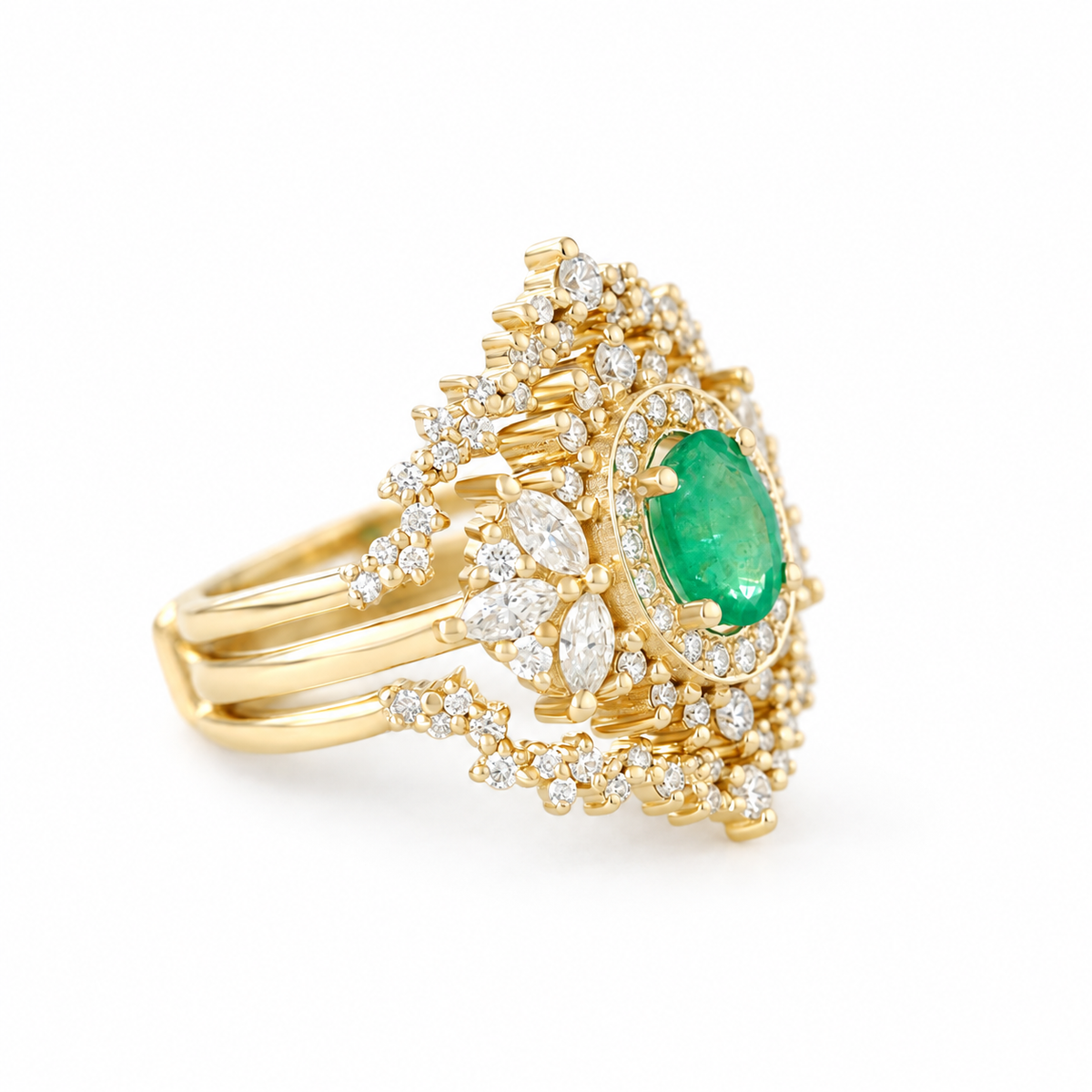 Oval Emerald Double Halo Diamond Unique Engagement Ring with Diamond Dust Ring Guard Enhancer - Monaco