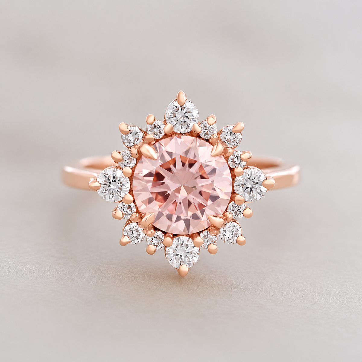 1.5CT Vivid Pink Round Lab diamond halo unique engagement ring, Snowflake, vivid pink lab diamond, fancy color diamond engagement ring, snowflake, rose gold