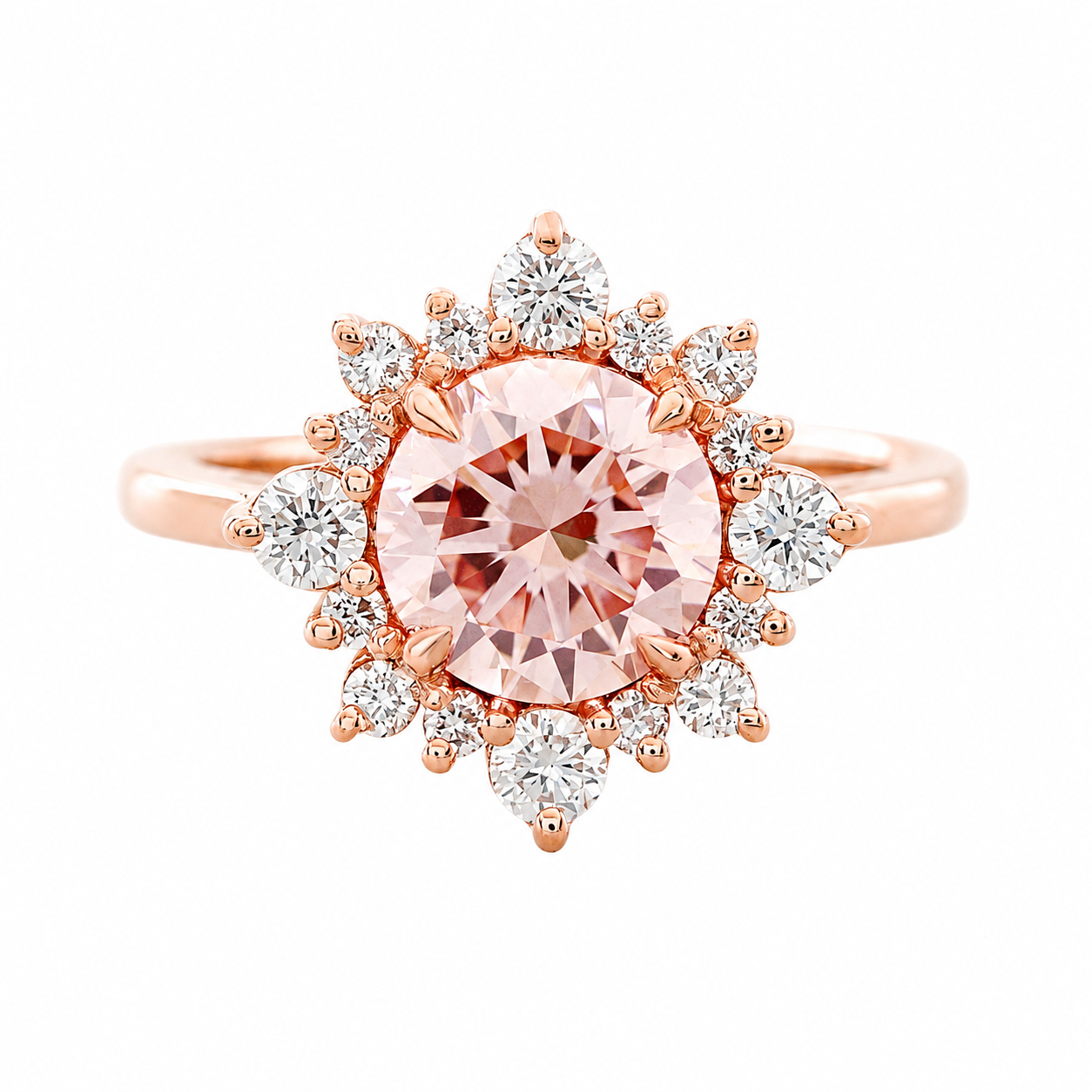 1.5CT Vivid Pink Round Lab diamond halo unique engagement ring, Snowflake, vivid pink lab diamond, fancy color diamond engagement ring, snowflake, rose gold