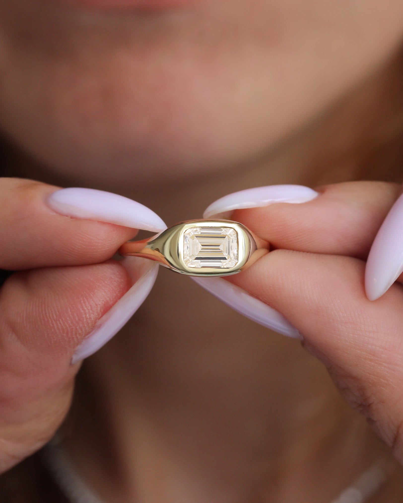 1.5 carat emerald cut diamond, east west setting, signet ring, bold gold engagement ring,, chunky engagement ring, unisex ring, men ring