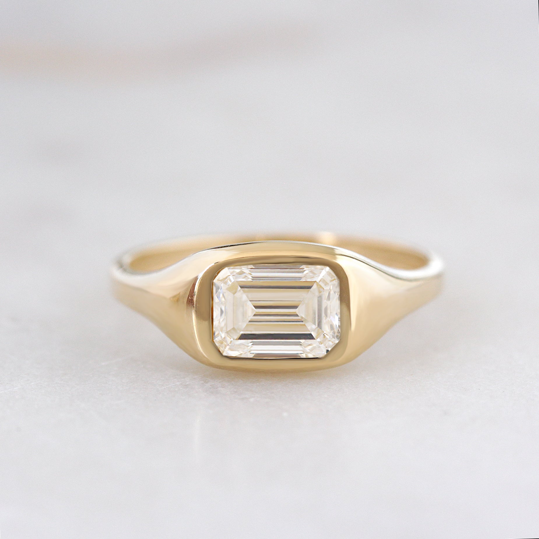 1.5 carat emerald cut diamond, east west setting, signet ring, bold gold engagement ring,, chunky engagement ring, unisex ring, men ring