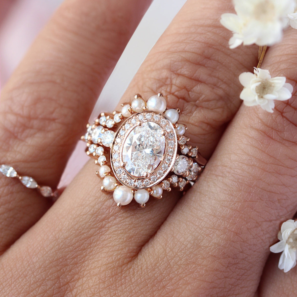 Oval Halo Diamond Engagement Ring with Pearl Nesting Band Wedding
