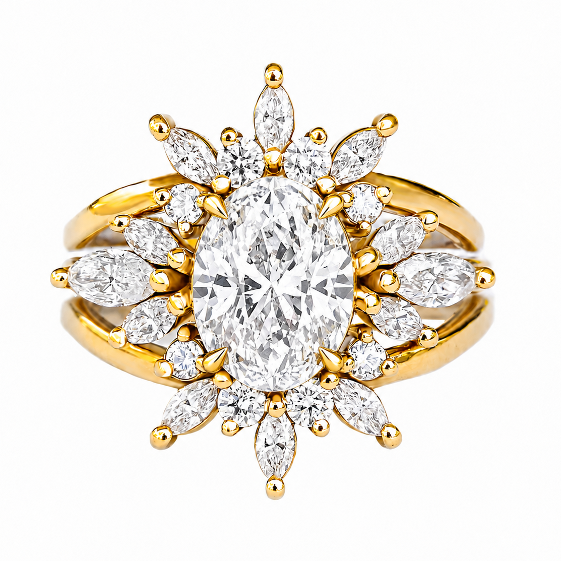 big oval diamond ring with ring guard yellow gold