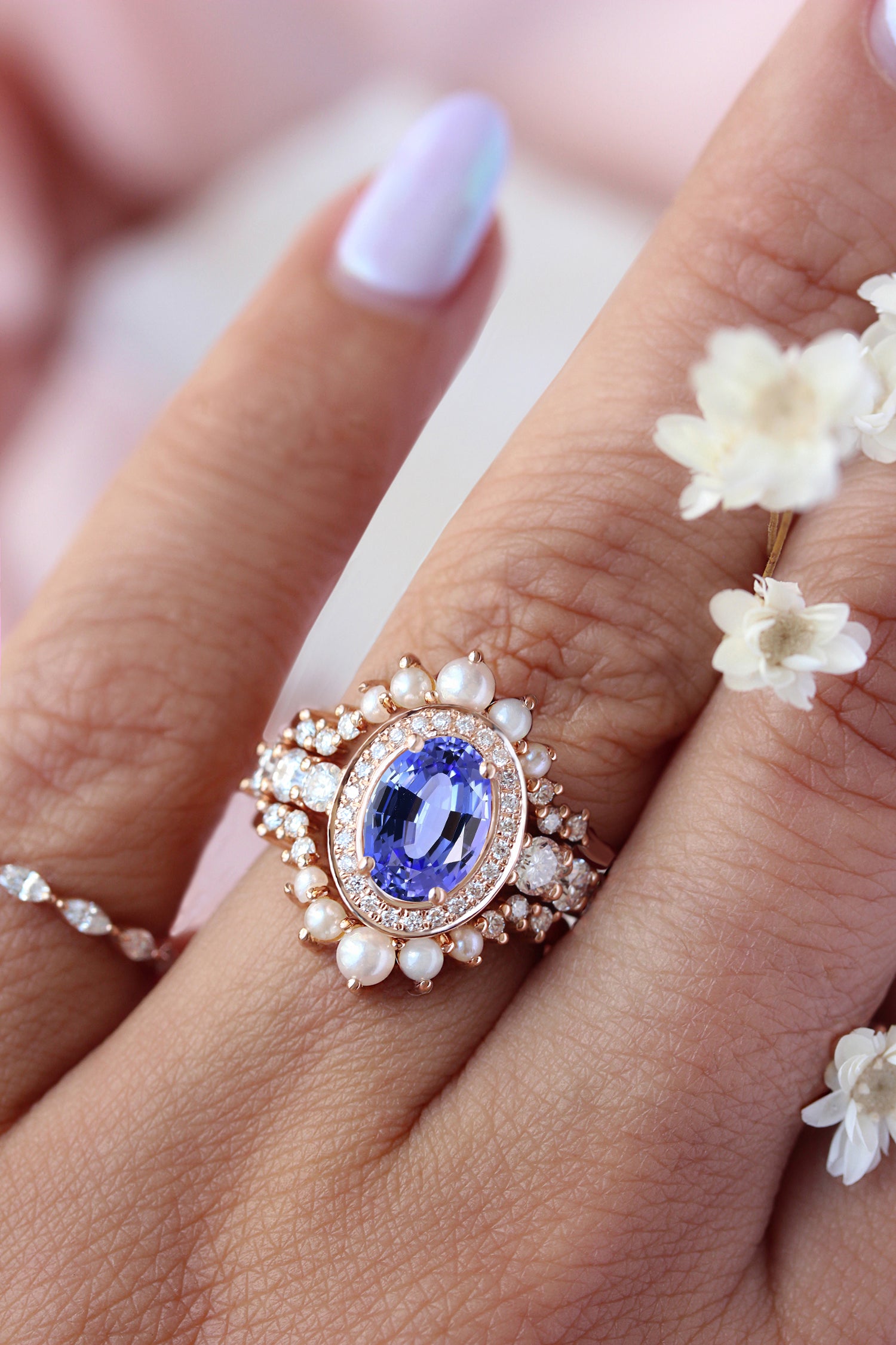 Oval Tanzanite, Diamond and Pearls, Wedding Three Rings Set, Scarlett ♥