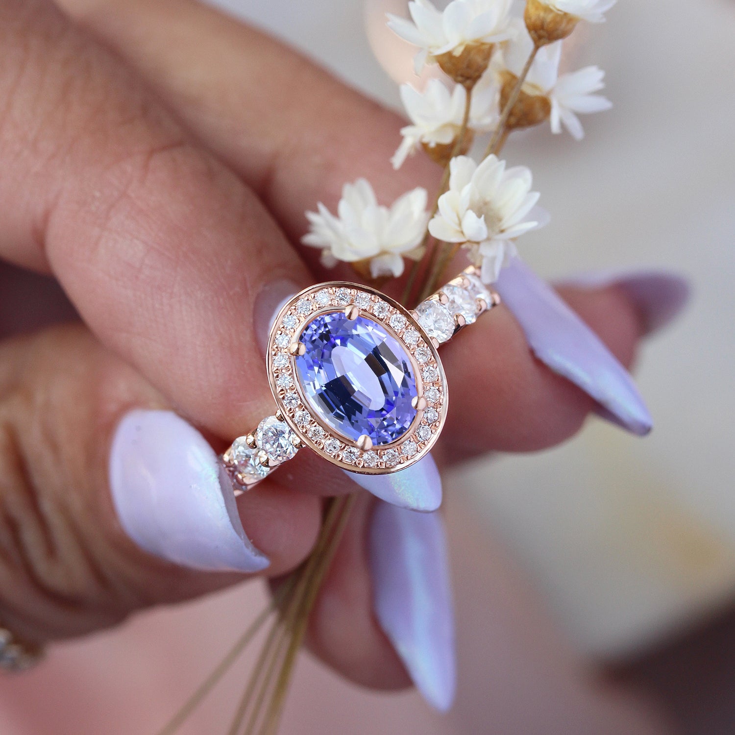 Oval Tanzanite Diamond and Pearls Wedding Three Rings Set - Scarlett ♥