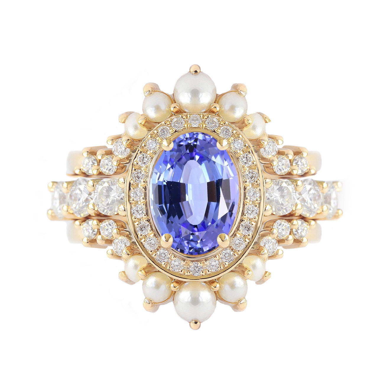 Oval Tanzanite, Diamond and Pearls, Wedding Three Rings Set, Scarlett ♥