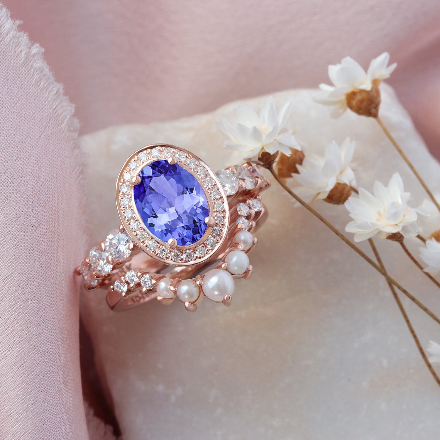 Oval Tanzanite Diamond and Pearls Wedding Three Rings Set - Scarlett ♥
