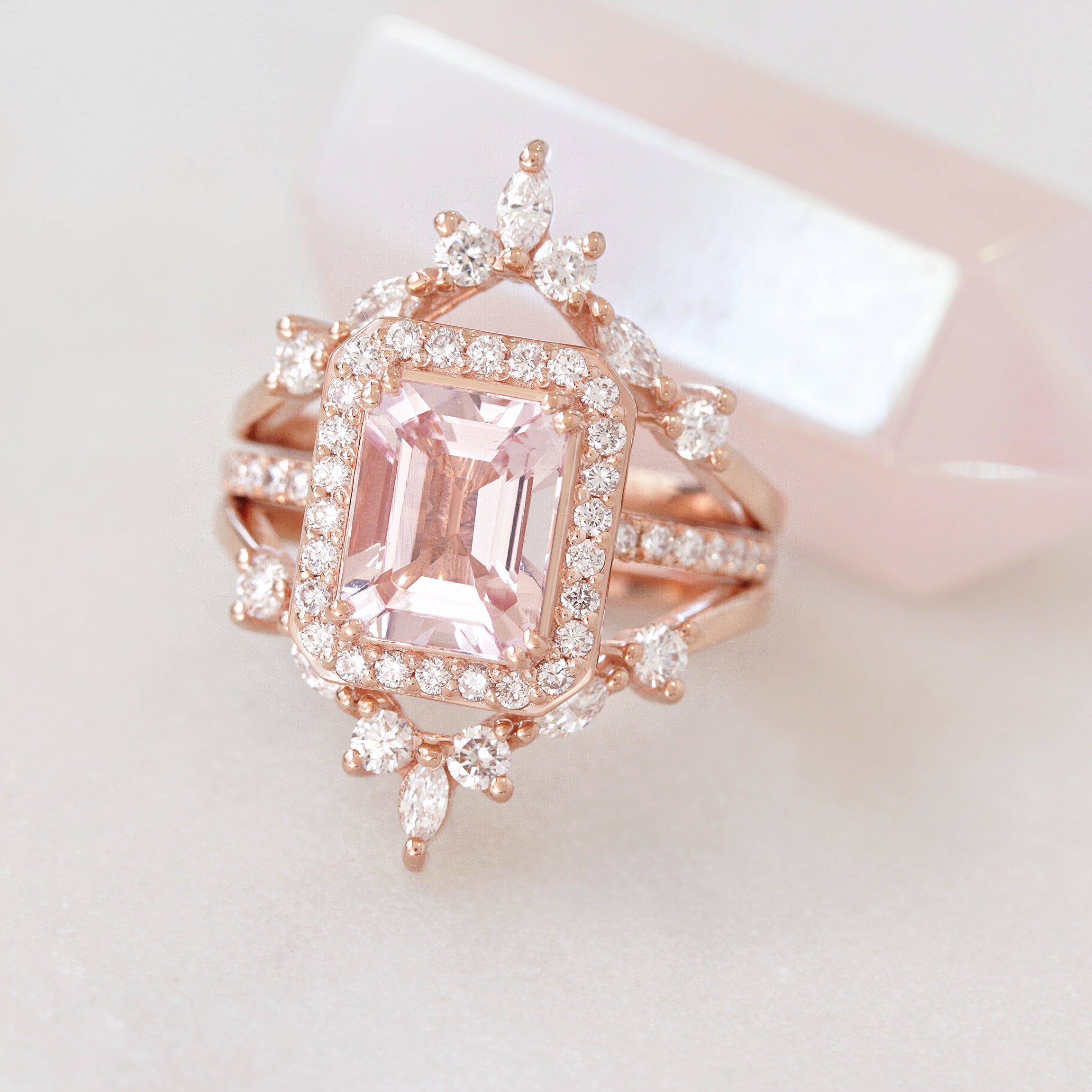 Emerald Cut Morganite & Diamond Halo Engagement Ring - Naomi ♥