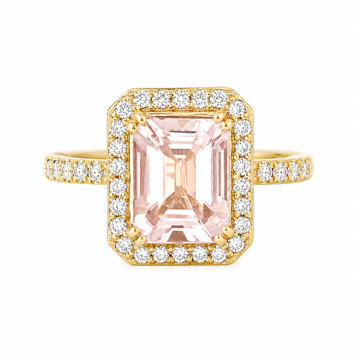 1.85ct emerald cut morganite diamond halo engagement ring naomi yellow gold