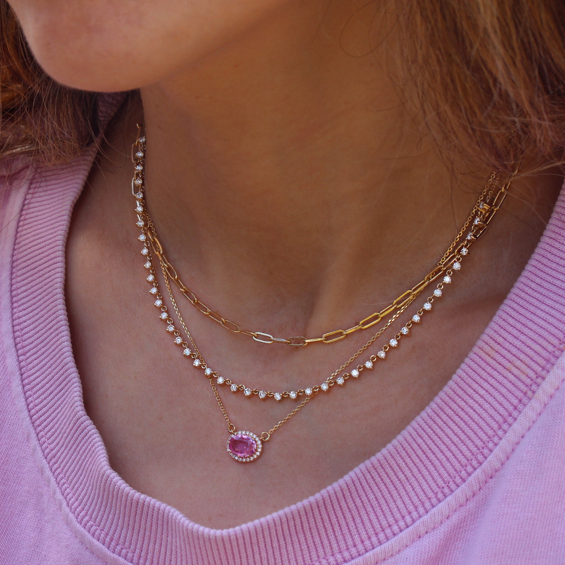 Oval Pink Sapphire and Diamond Halo Pendant Necklace