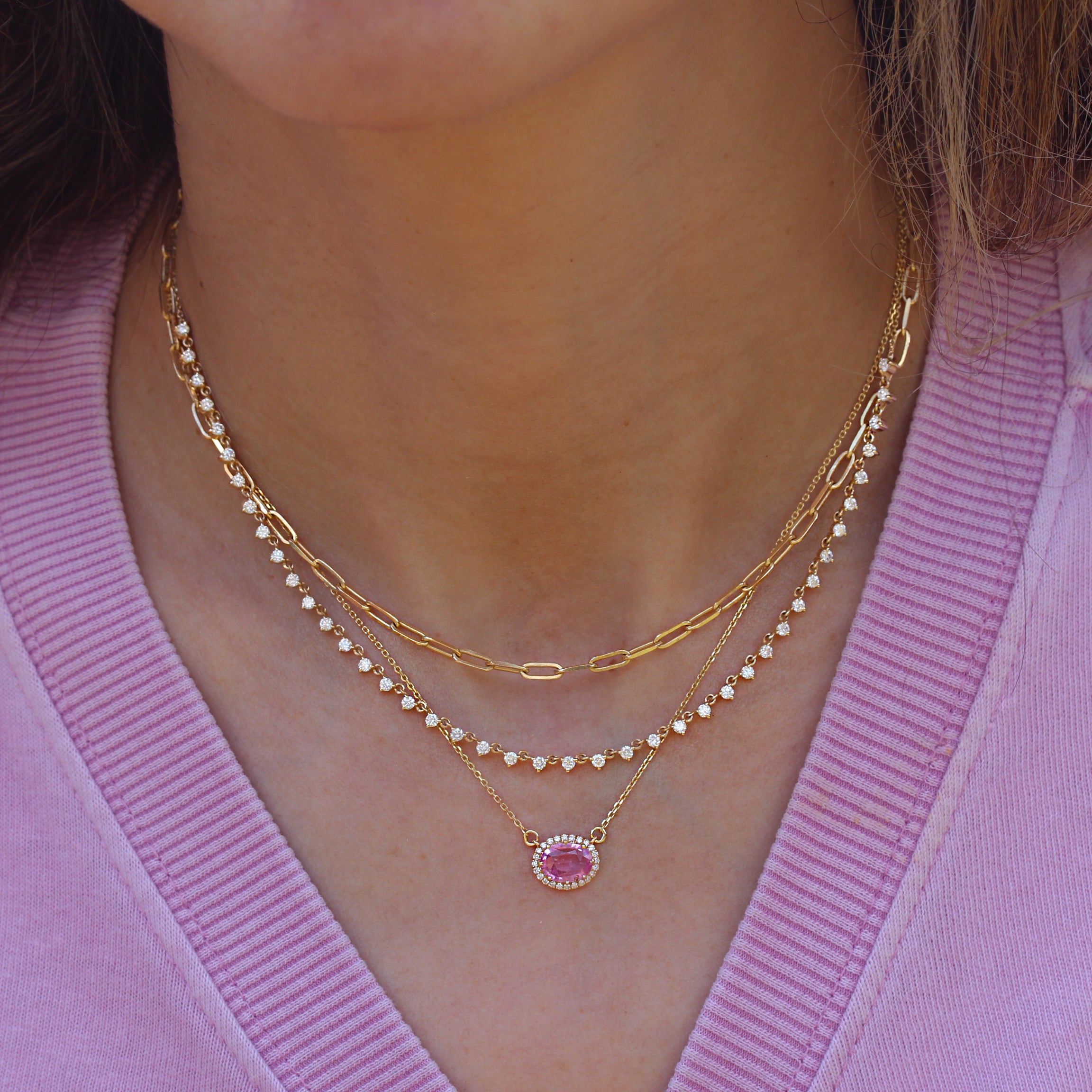 Oval Pink Sapphire and Diamond Halo Pendant Necklace