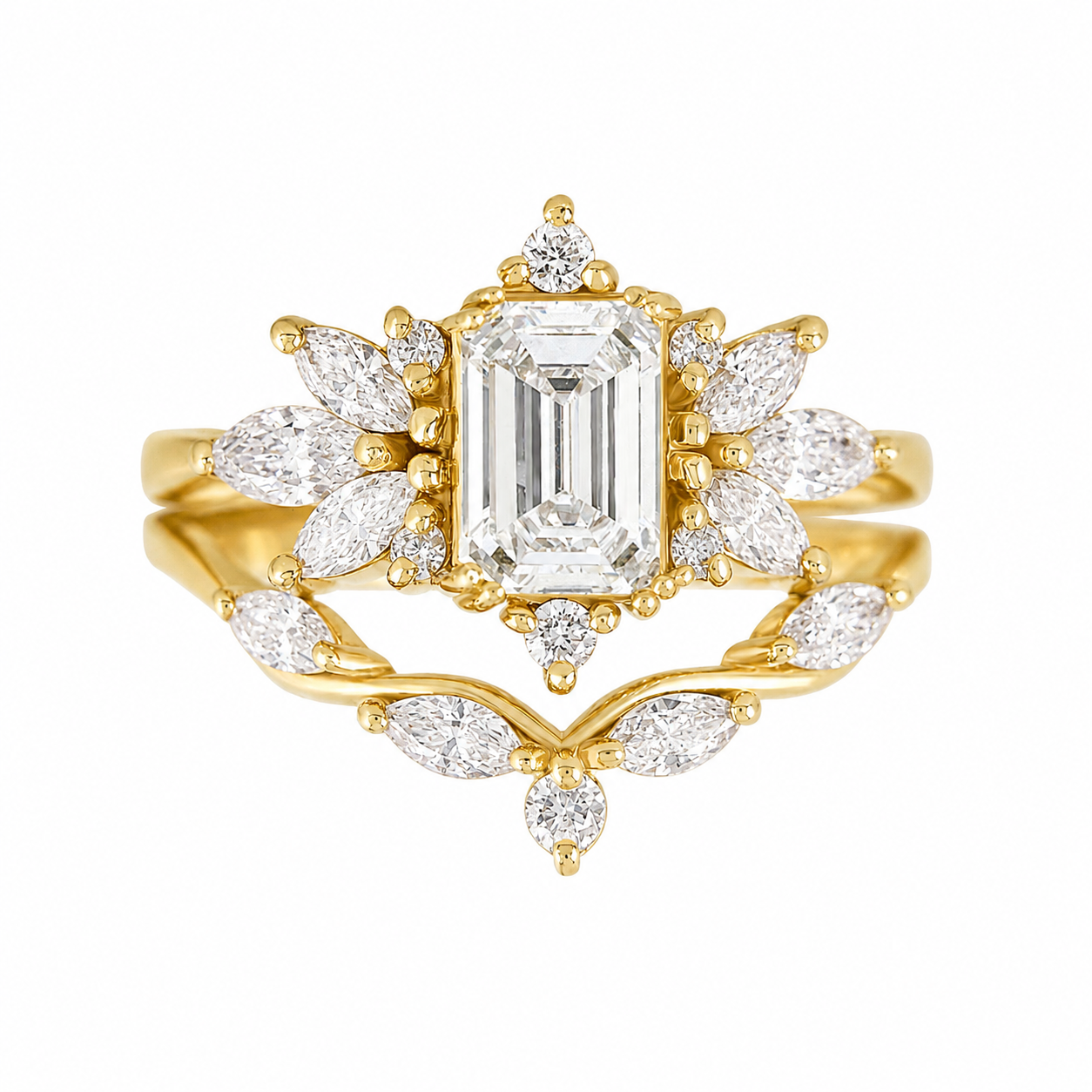 1CT Emerald Cut Diamond Unique Engagement Ring with Marquise Diamond Matching Wedding Ring Set spark Spark & Wavy