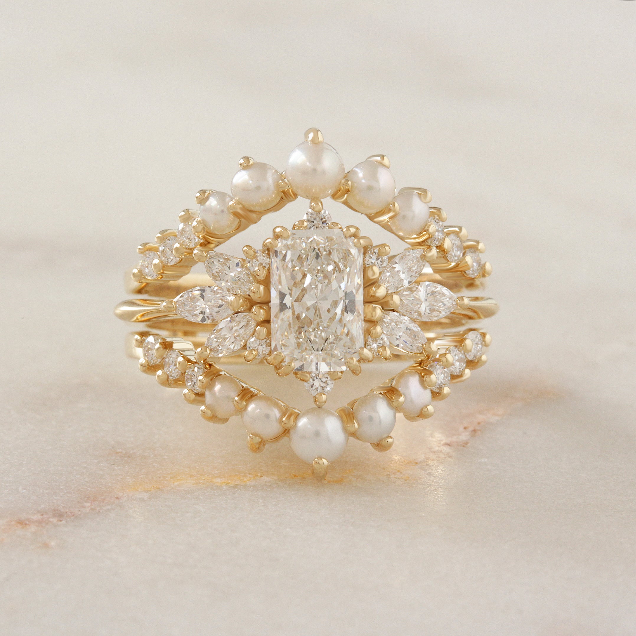 Emerald Cut Diamond Engagement Ring "Spark" and Pearls & Diamonds Wedding V-Band