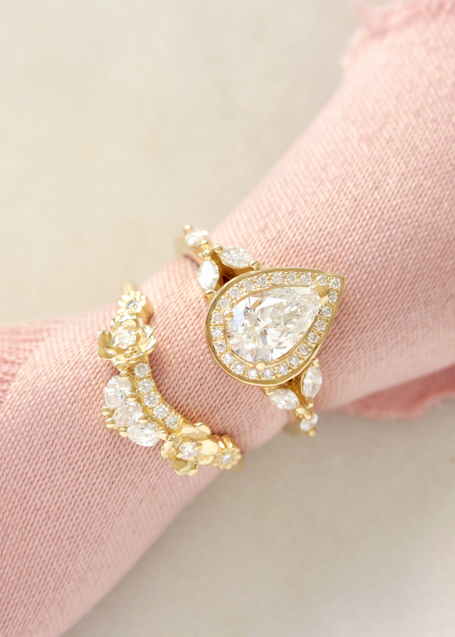 1 Carat Pear Diamond Halo Engagement Ring with Matching Flowers Curve Nesting Ring - Muse and Flora