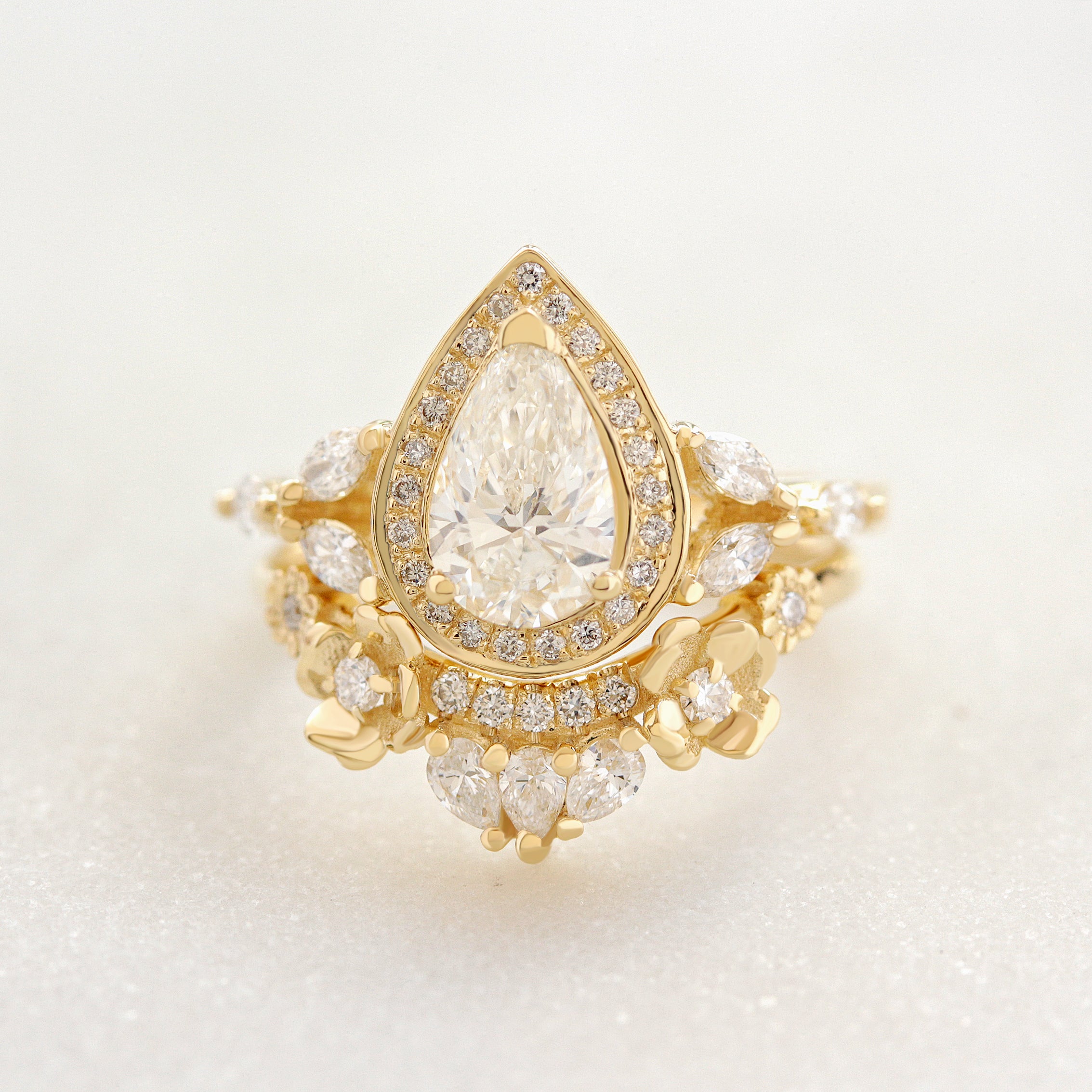 1 Carat Pear Diamond Halo Engagement Ring with Matching Flowers Curve Nesting Ring - Muse and Flora