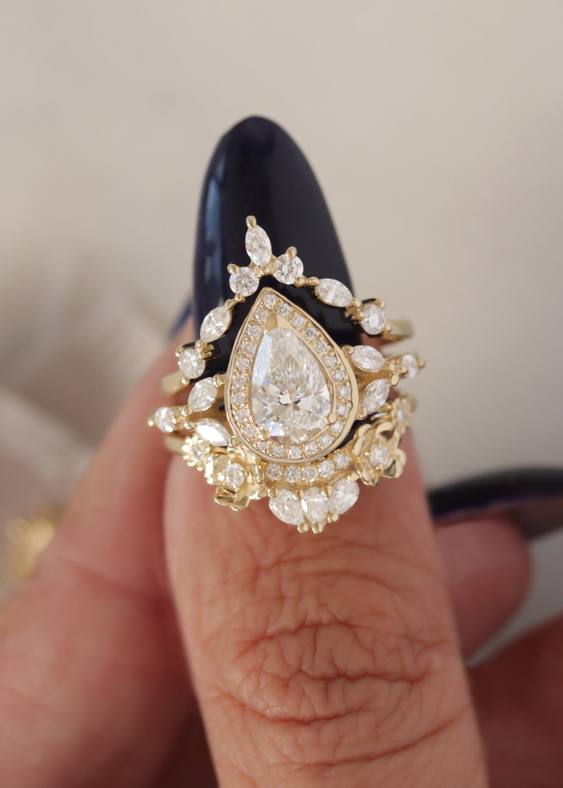 1 Carat Pear Diamond Halo Engagement Ring with Matching Flowers Curve Nesting Ring - Muse and Flora