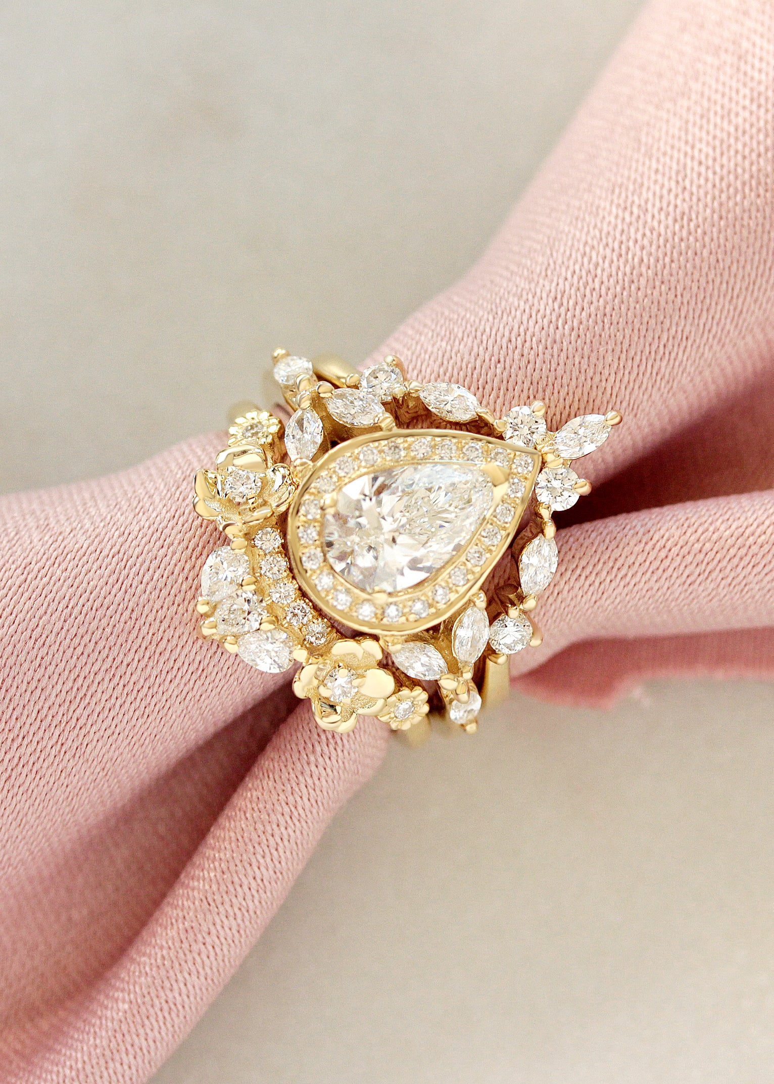 1 Carat Pear Diamond Halo Engagement Ring with Matching Flowers Curve Nesting Ring - Muse and Flora
