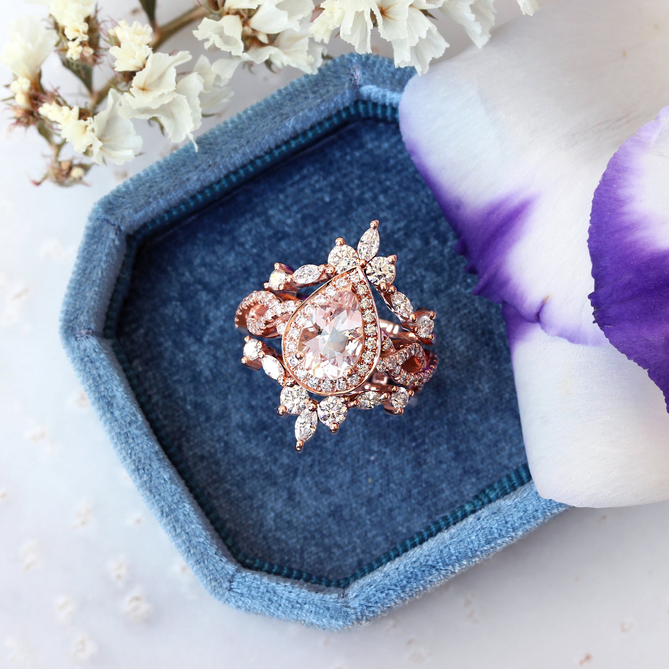Pear Pink Morganite Twist Shank Band Engagement Ring & Iceland Ring Guard Wedding Set - Elise