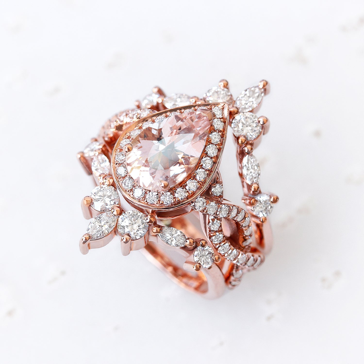Pear Pink Morganite Twist Shank Band Engagement Ring & Iceland Ring Guard Wedding Set - Elise