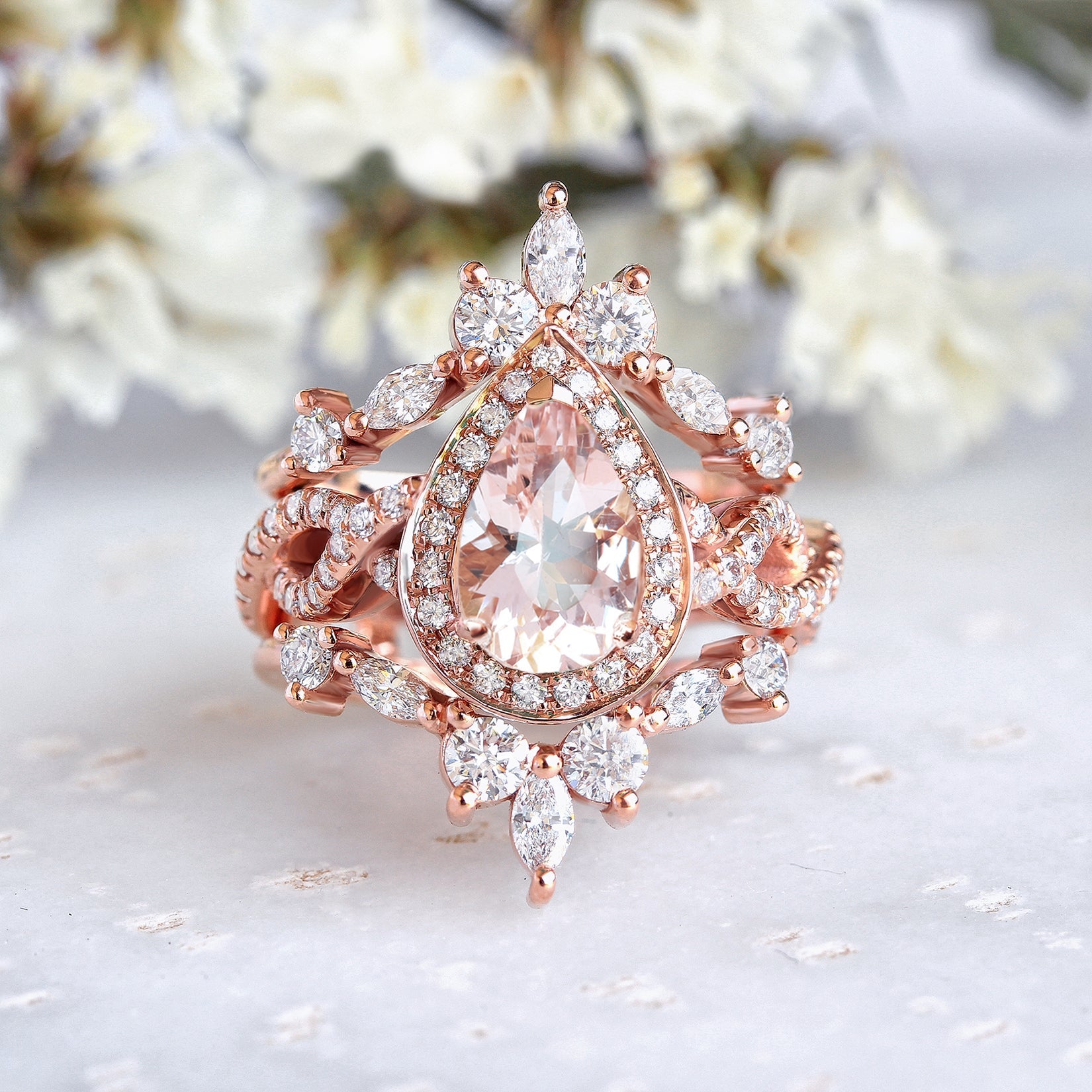 Pear Pink Morganite Twist Shank Band Engagement Ring & Iceland Ring Guard Wedding Set - Elise