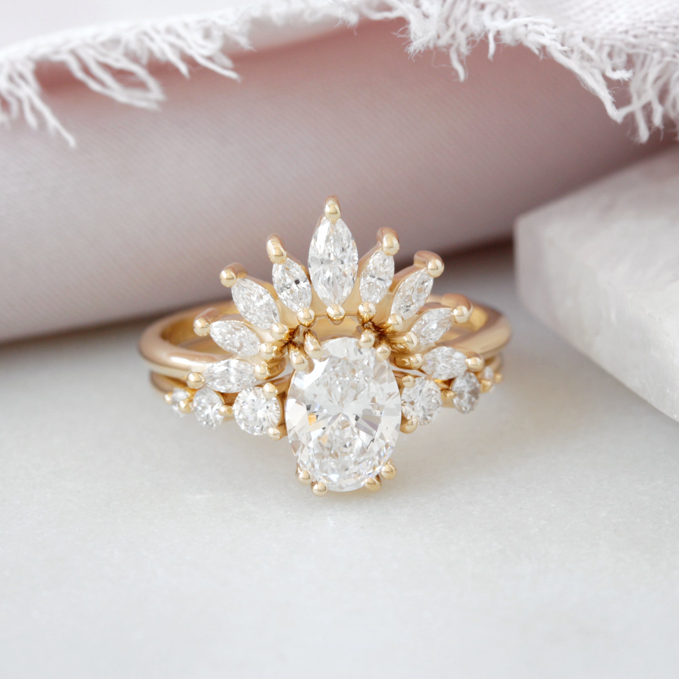 Curve Marquise Diamond Art Deco U nesting wedding Ring Sunrise ♥