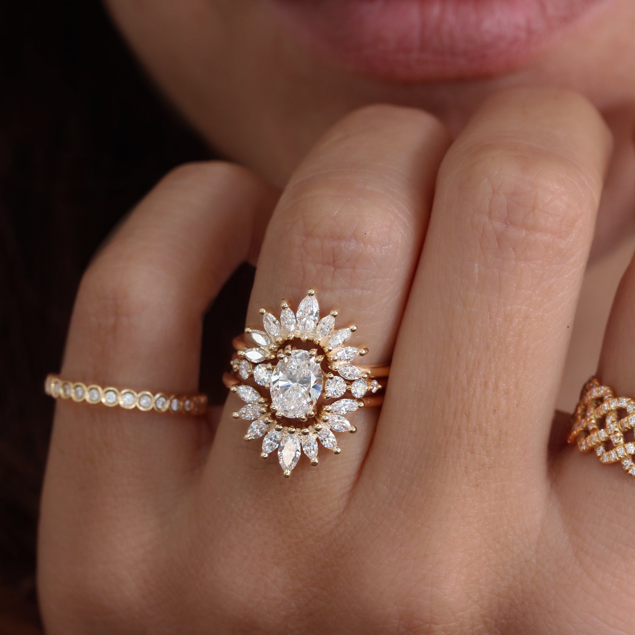 Curve Marquise Diamond Art Deco U nesting wedding Ring Sunrise ♥