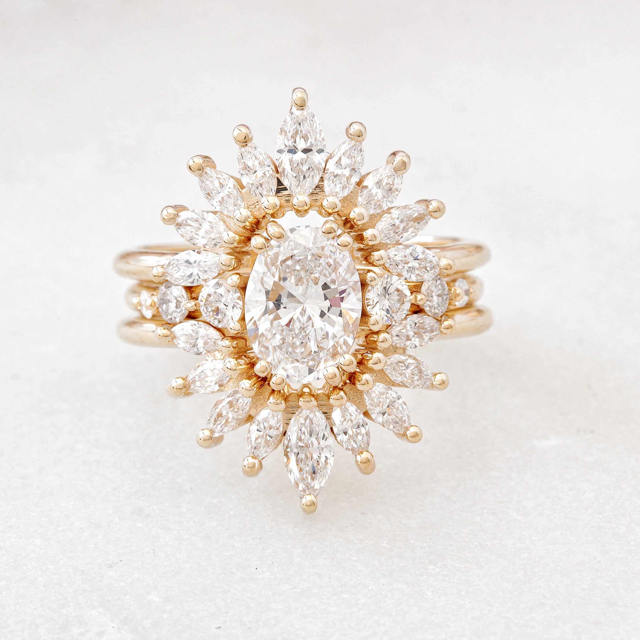 Oval Diamond Engagement Ring with Two Marquise Diamonds Wrap Rings, Three Ring Set, Sunburst and Candy pop