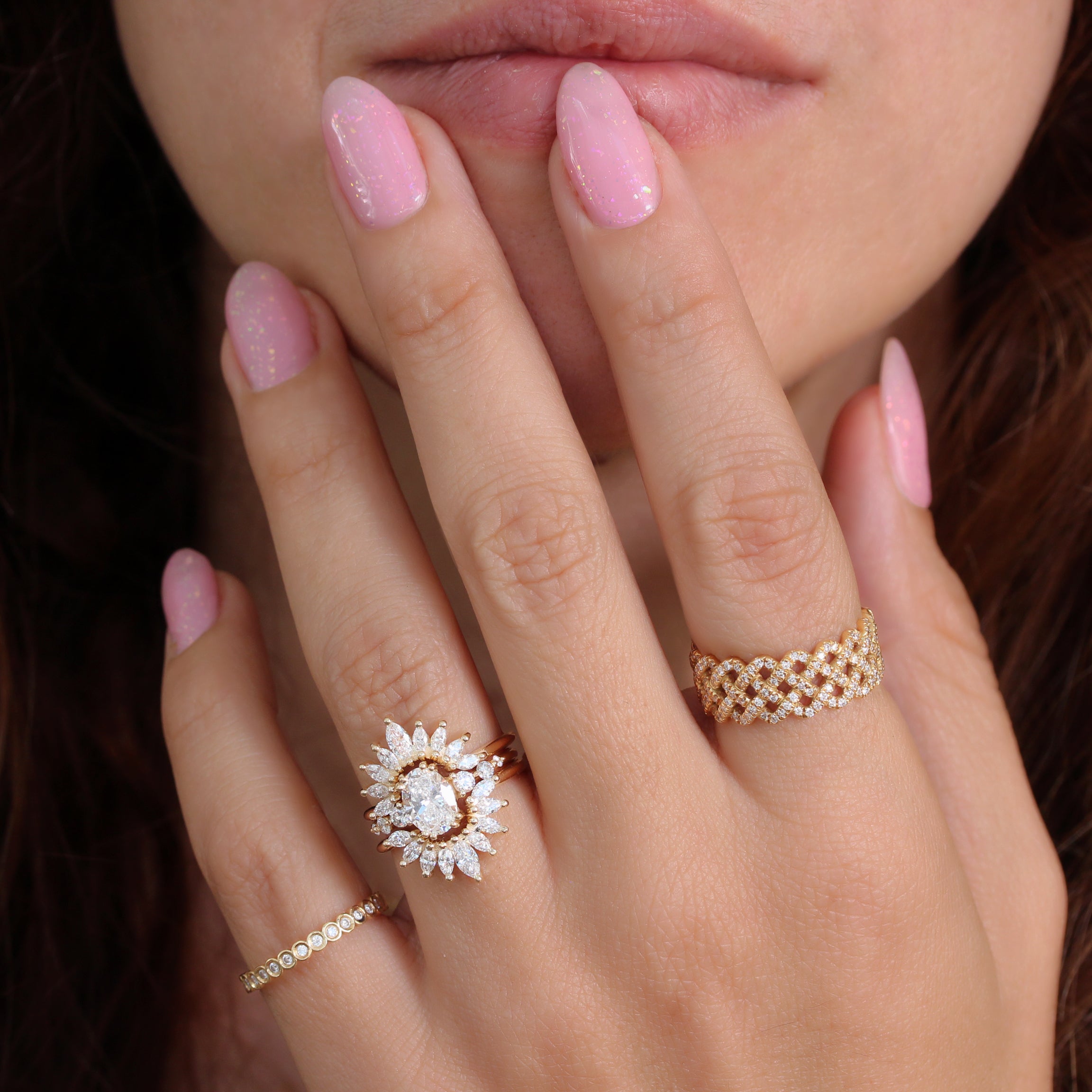 Oval Diamond Engagement Ring with Two Marquise Diamonds Wrap Rings, Three Ring Set, Sunburst and Candy pop