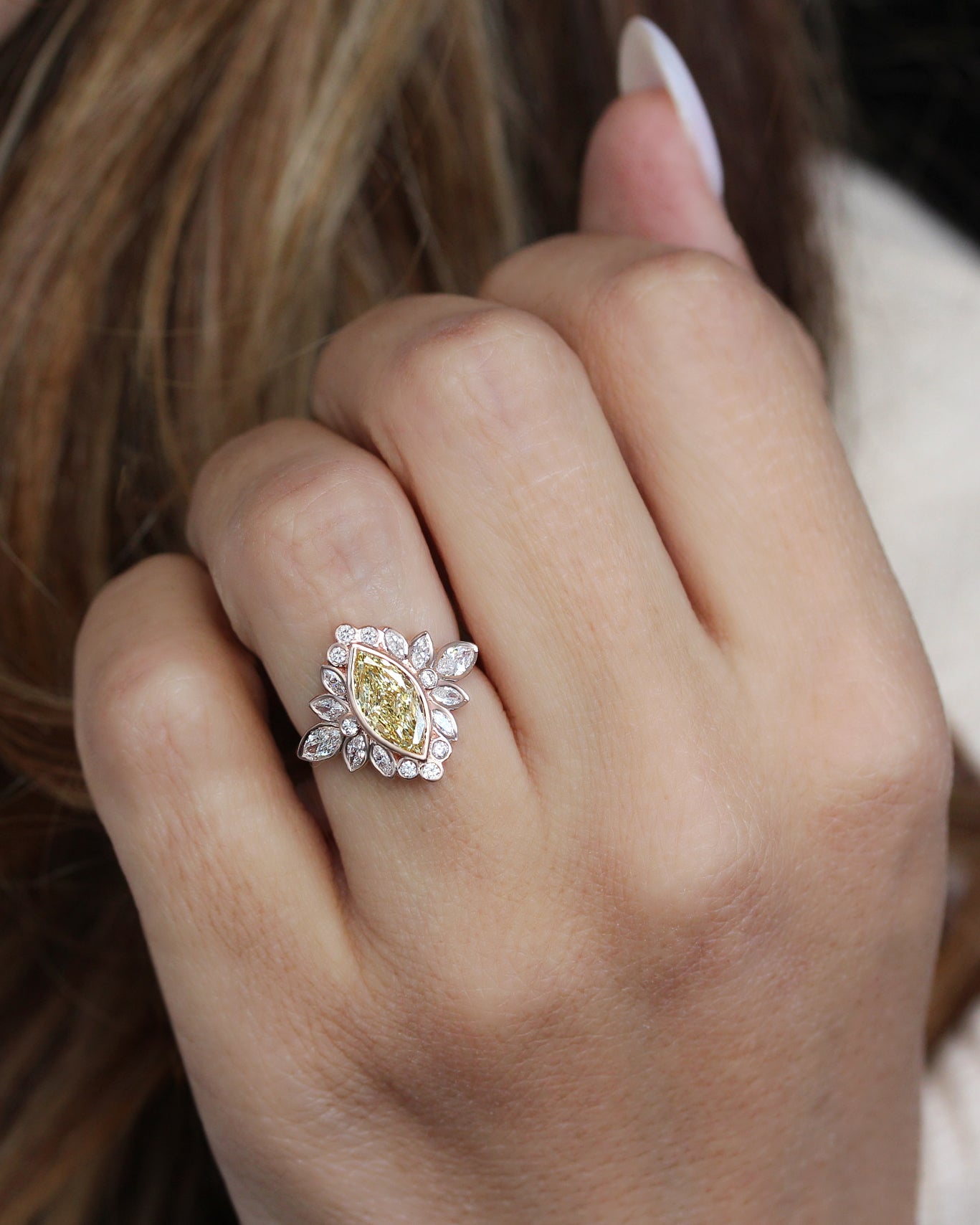 1ct Marquise Canary Yellow Lab Grown Diamond Bezel Statement Engagement Ring - Alicent