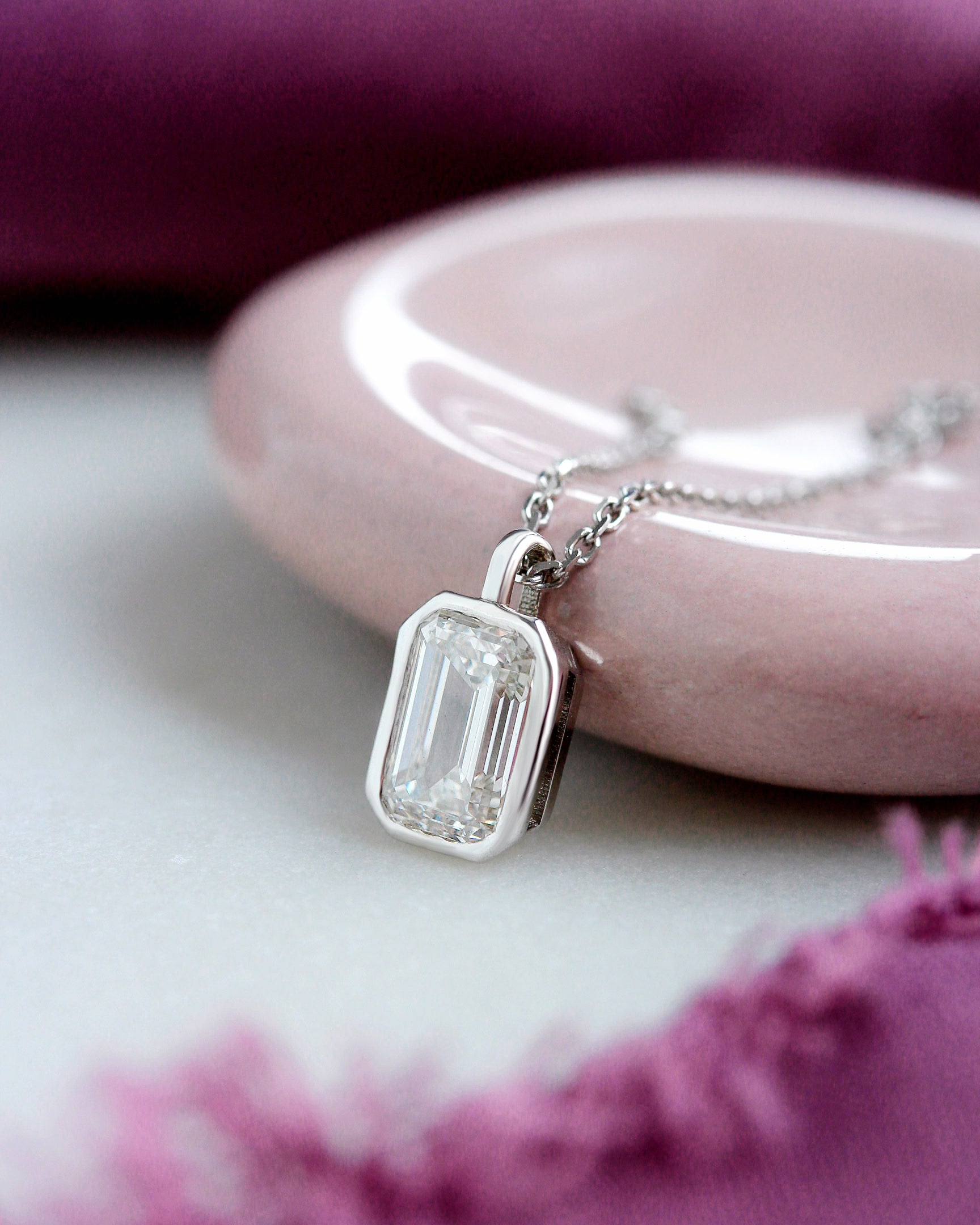 1ct Emerald Cut Lab Grown Diamond Bezel Set Pendant Necklace, bezet setting, emerald cut diamond,pendant, modern, elegant, minimal, confortable, low profile