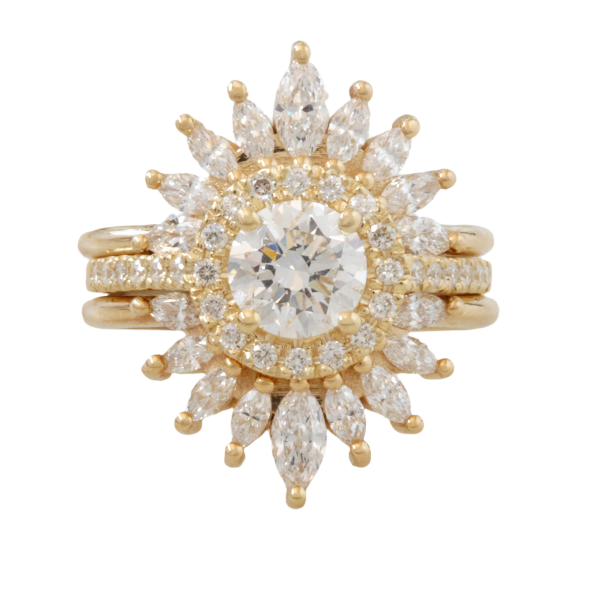 1ct Round Diamond Halo Classic Engagement Ring 'Lady' with Two Matching 'Sunburst' Nesting Rings, Three Ring Set