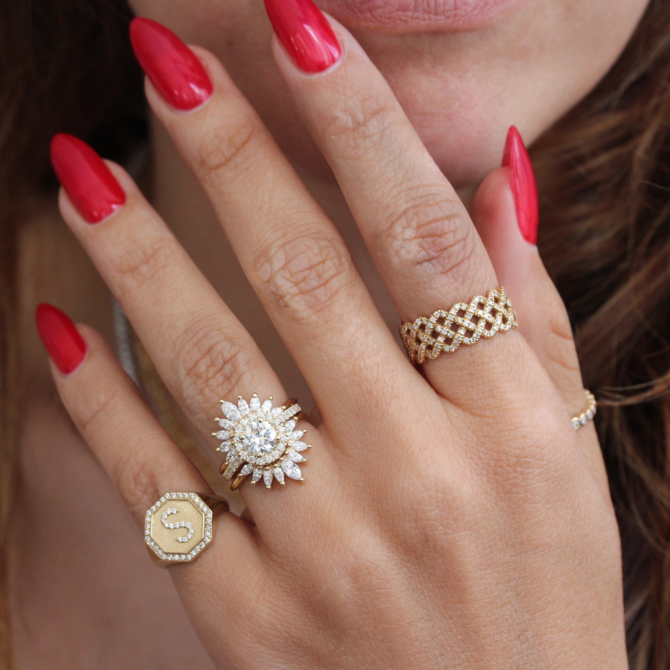 1ct Round Diamond Halo Classic Engagement Ring 'Lady' with Two Matching 'Sunburst' Nesting Rings, Three Ring Set