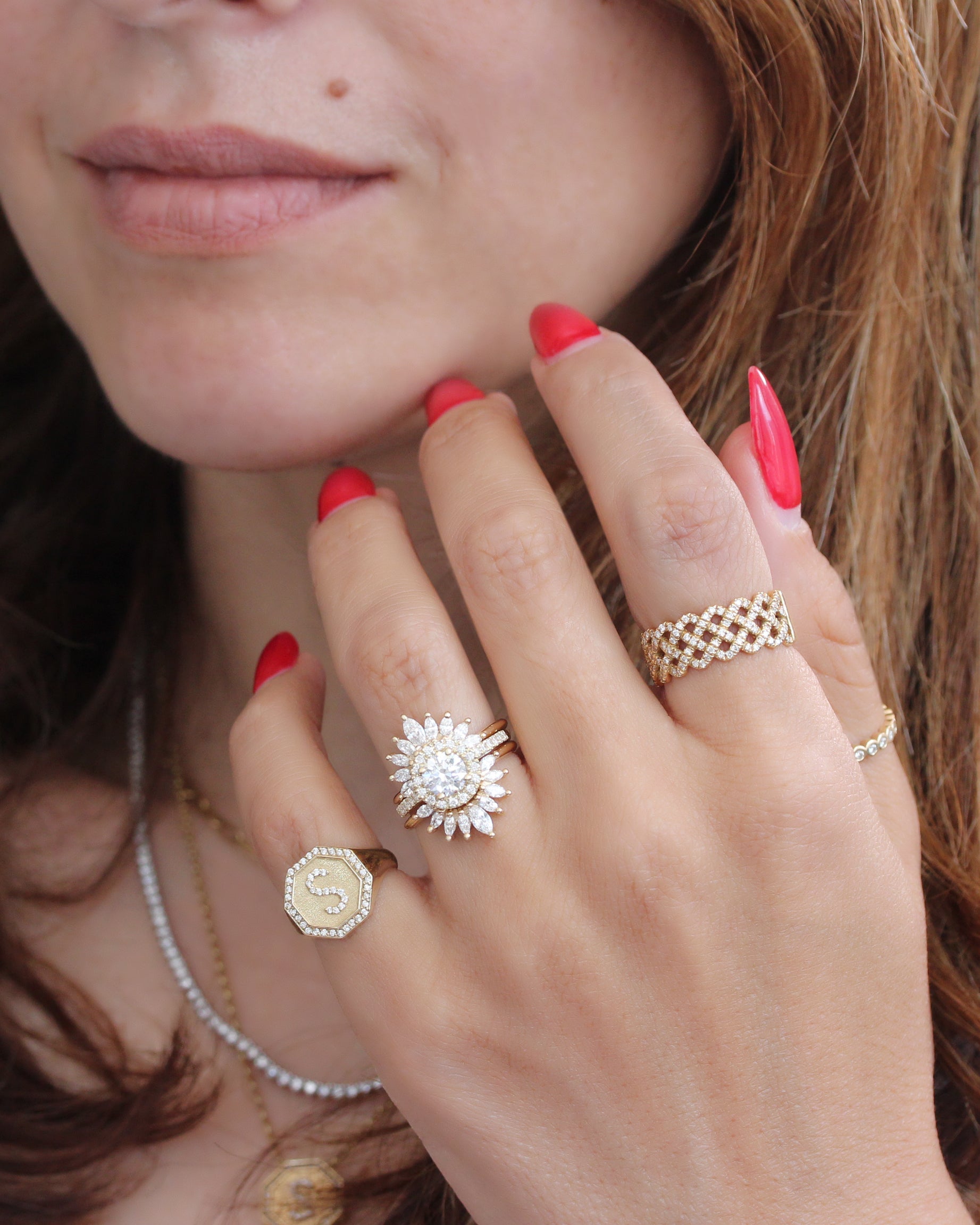 1ct Round Diamond Halo Classic Engagement Ring 'Lady' with Two Matching 'Sunburst' Nesting Rings, Three Ring Set