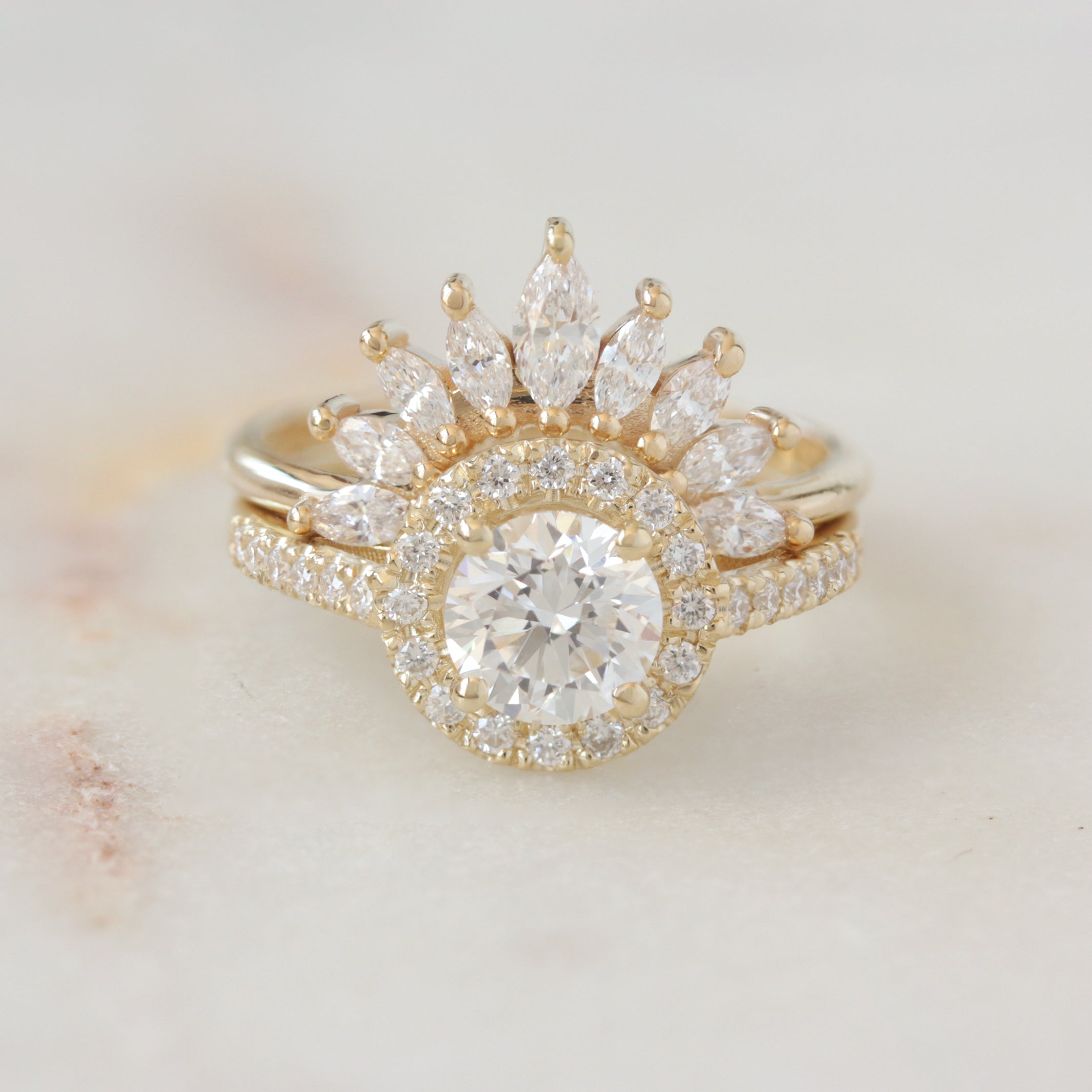 1ct Round Diamond Halo Classic Engagement Ring 'Lady' with Two Matching 'Sunburst' Nesting Rings, Three Ring Set