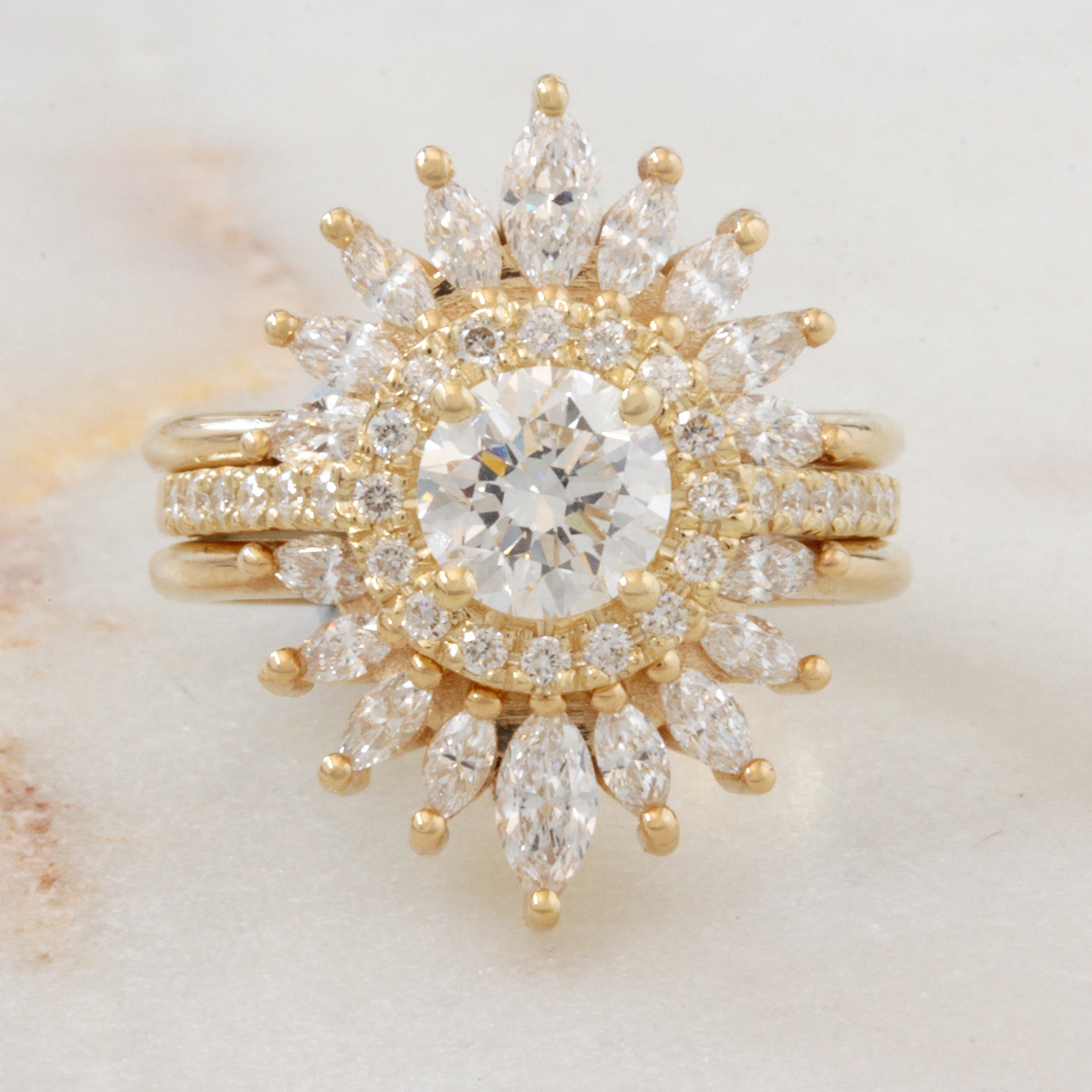 1ct Round Diamond Halo Classic Engagement Ring 'Lady' with Two Matching 'Sunburst' Nesting Rings, Three Ring Set