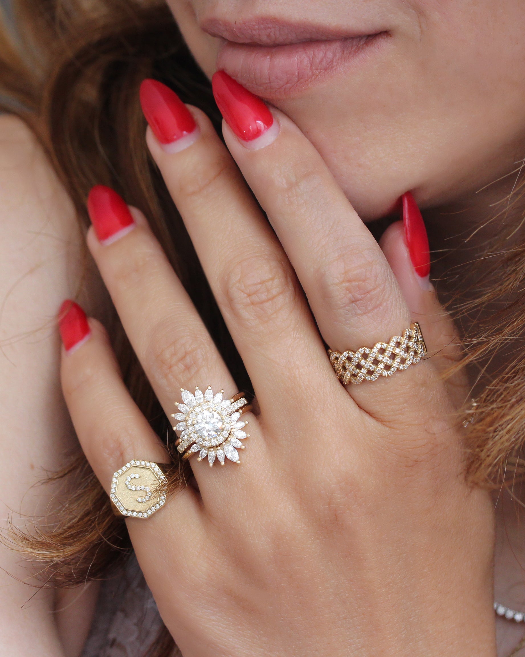 1ct Round Diamond Halo Classic Engagement Ring 'Lady' with Two Matching 'Sunburst' Nesting Rings, Three Ring Set