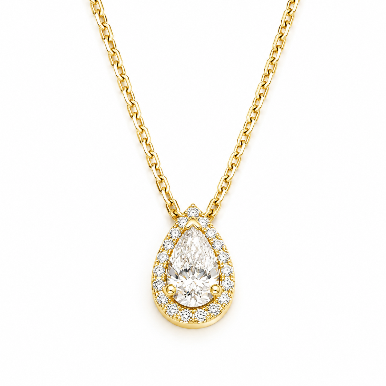 A gold pendant necklace featuring a pear-shaped clear gemstone surrounded by a halo of small round-cut stones, suspended from a delicate gold chain on a white background.