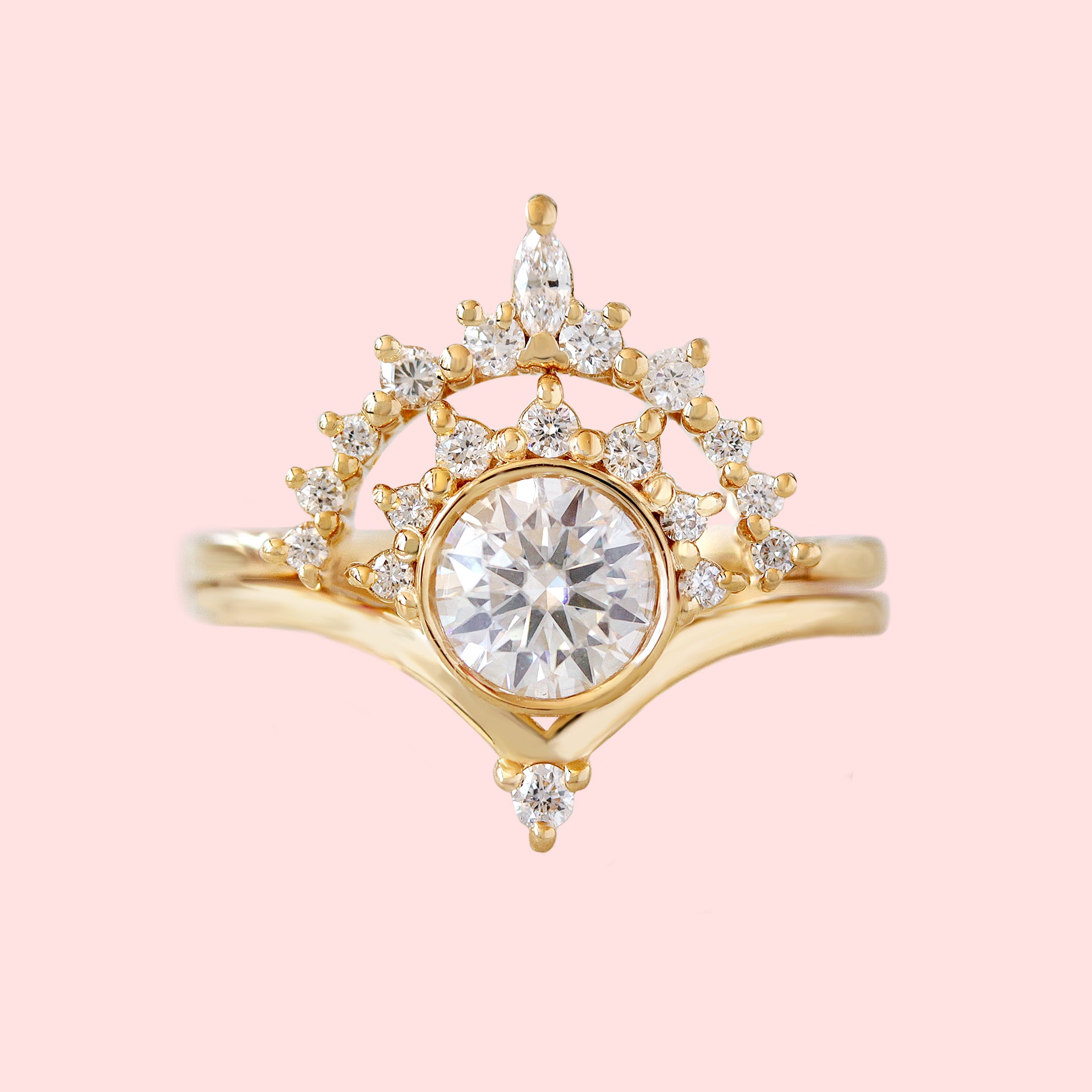 1ct Round Diamond Unique Engagement Rings Set, Valentia and Matching Nesting Ring Romi yellow gold, bezel set