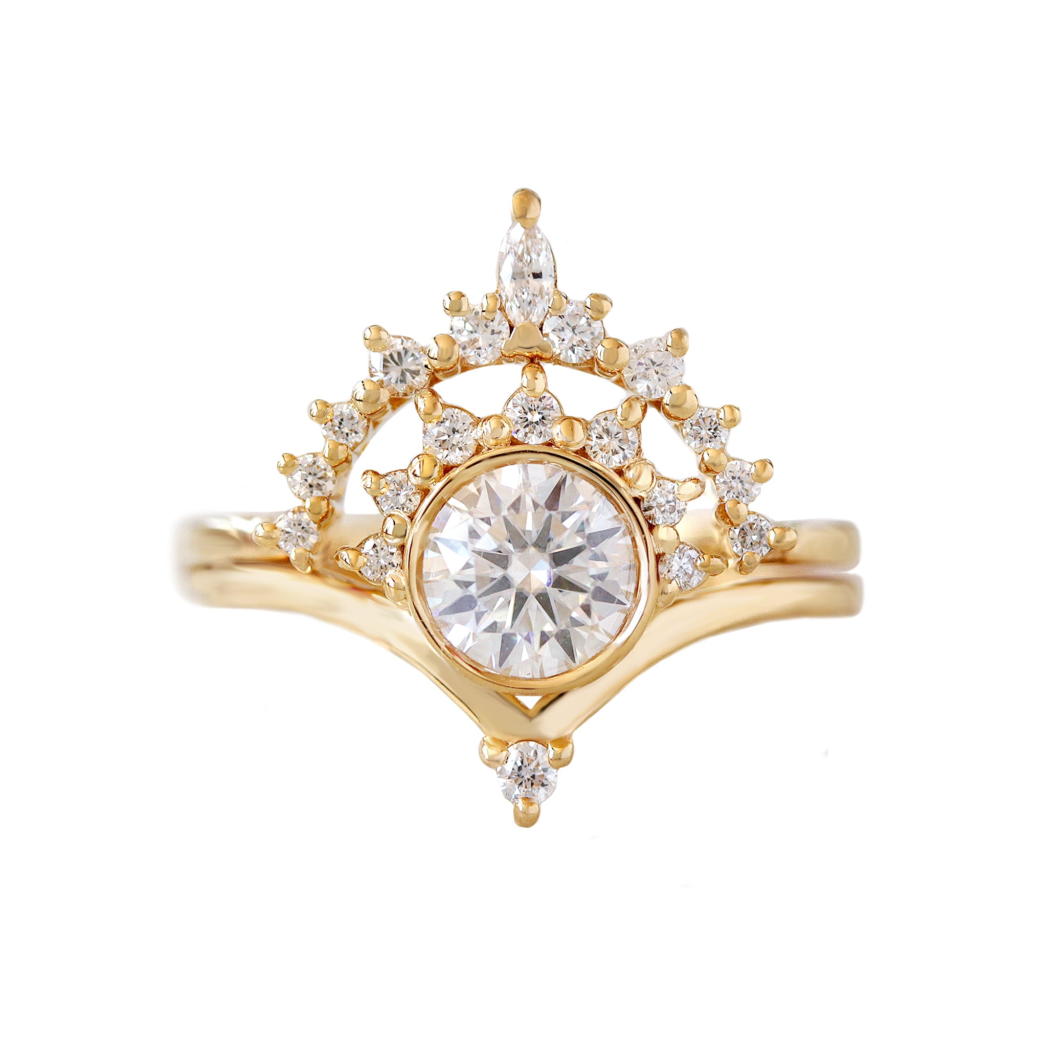 1ct Round Diamond Unique Engagement Rings Set, Valentia and Matching Nesting Ring Romi yellow gold, bezel set