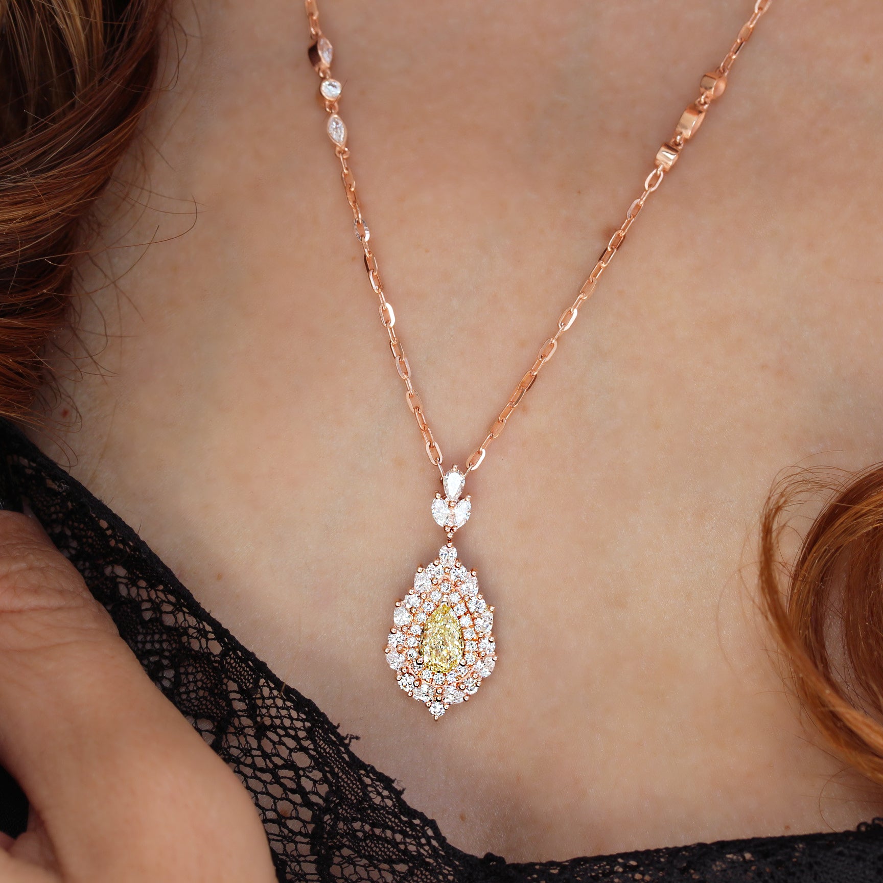 Pear Canary Yellow Diamond Double Halo Pendant Necklace, High Jewelry - Victoria