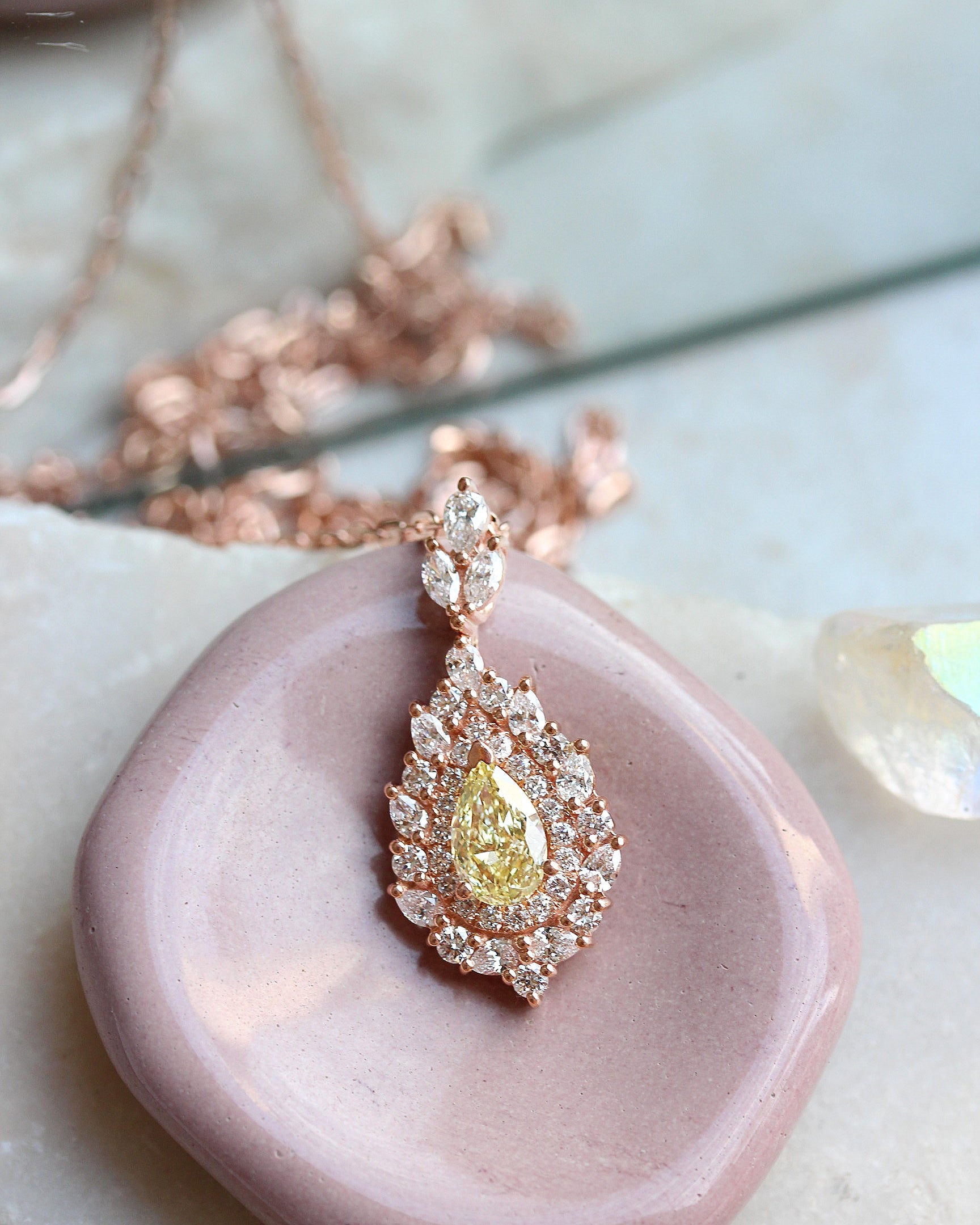 Pear Canary Yellow Diamond Double Halo Pendant Necklace, High Jewelry - Victoria