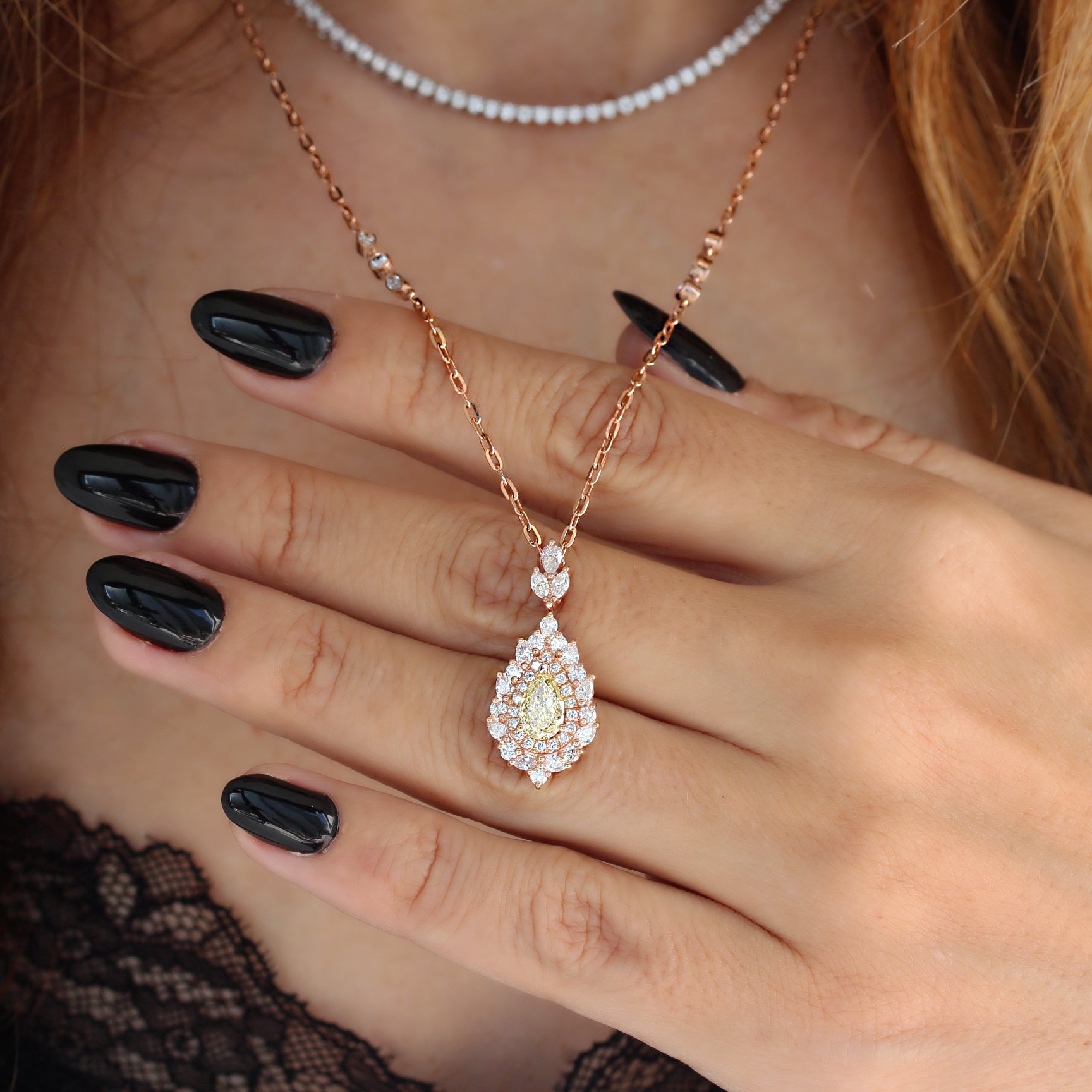 Pear Canary Yellow Diamond Double Halo Pendant Necklace, High Jewelry - Victoria