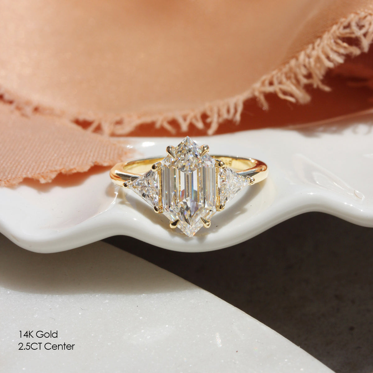 2.5CT elongated hexagon diamond and triangles minimal three stone engagement ring yellow gold