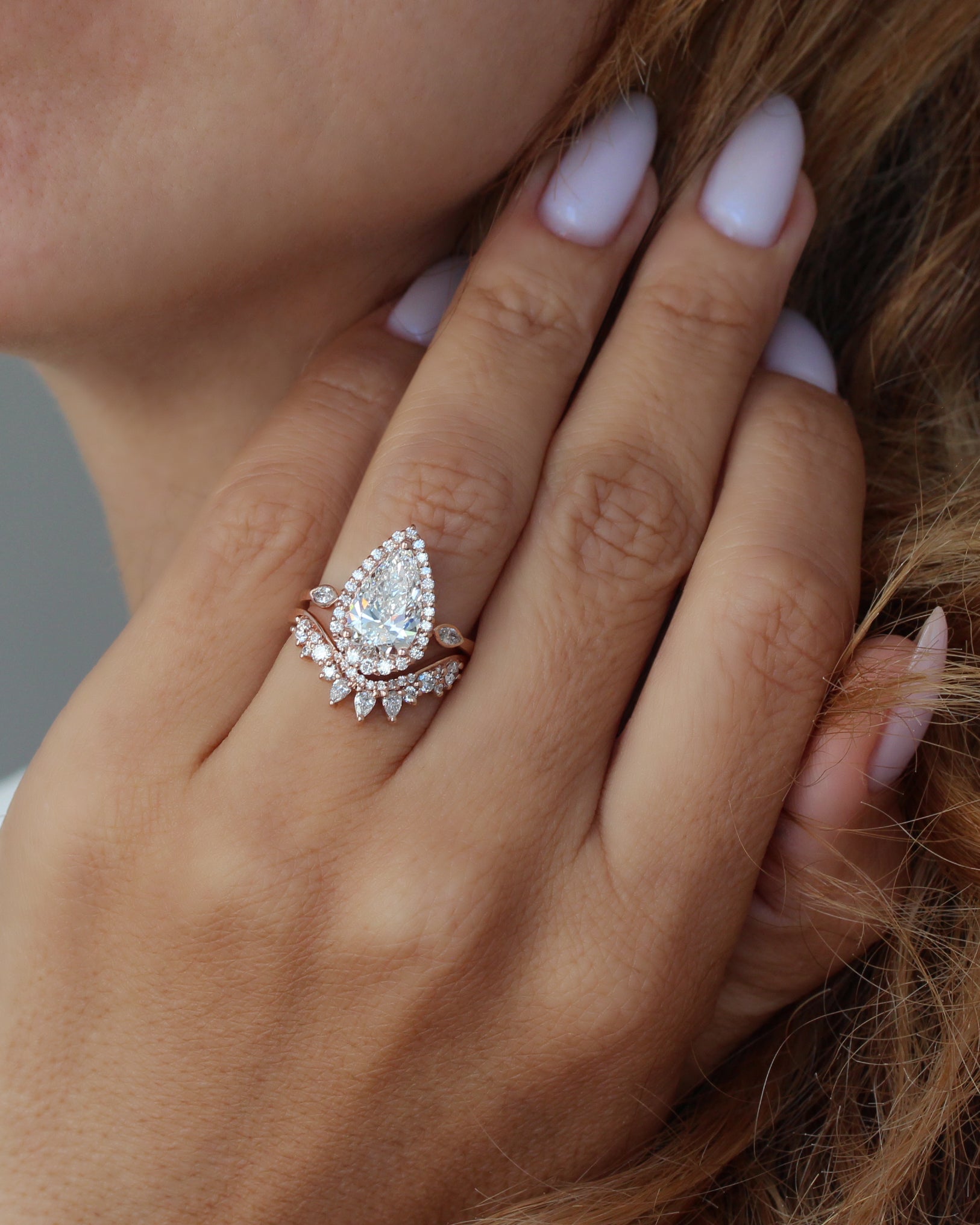 2.5ct Pear Shape Diamond Halo Engagement Ring With a Matching Diamond Nesting Wedding Ring, Zoe and Valeria