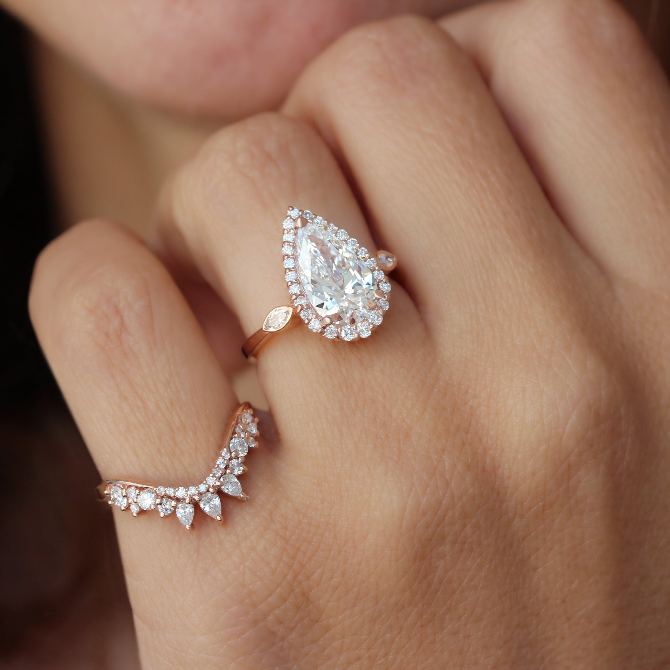 2.5ct Pear Shape Diamond Halo Engagement Ring With a Matching Diamond Nesting Wedding Ring, Zoe and Valeria
