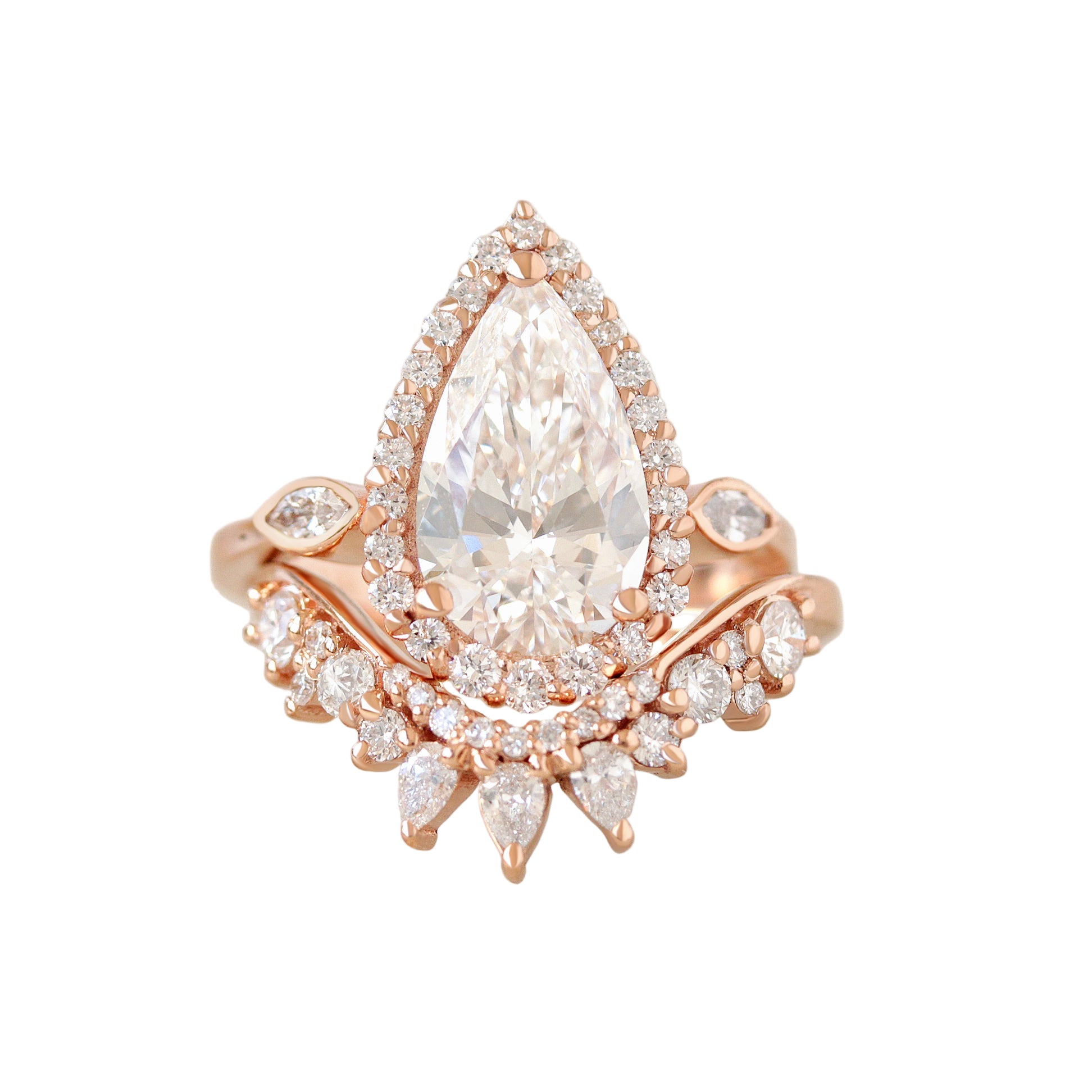 2.5ct Pear Shape Diamond Halo Engagement Ring With a Matching Diamond Nesting Wedding Ring, Zoe and Valeria