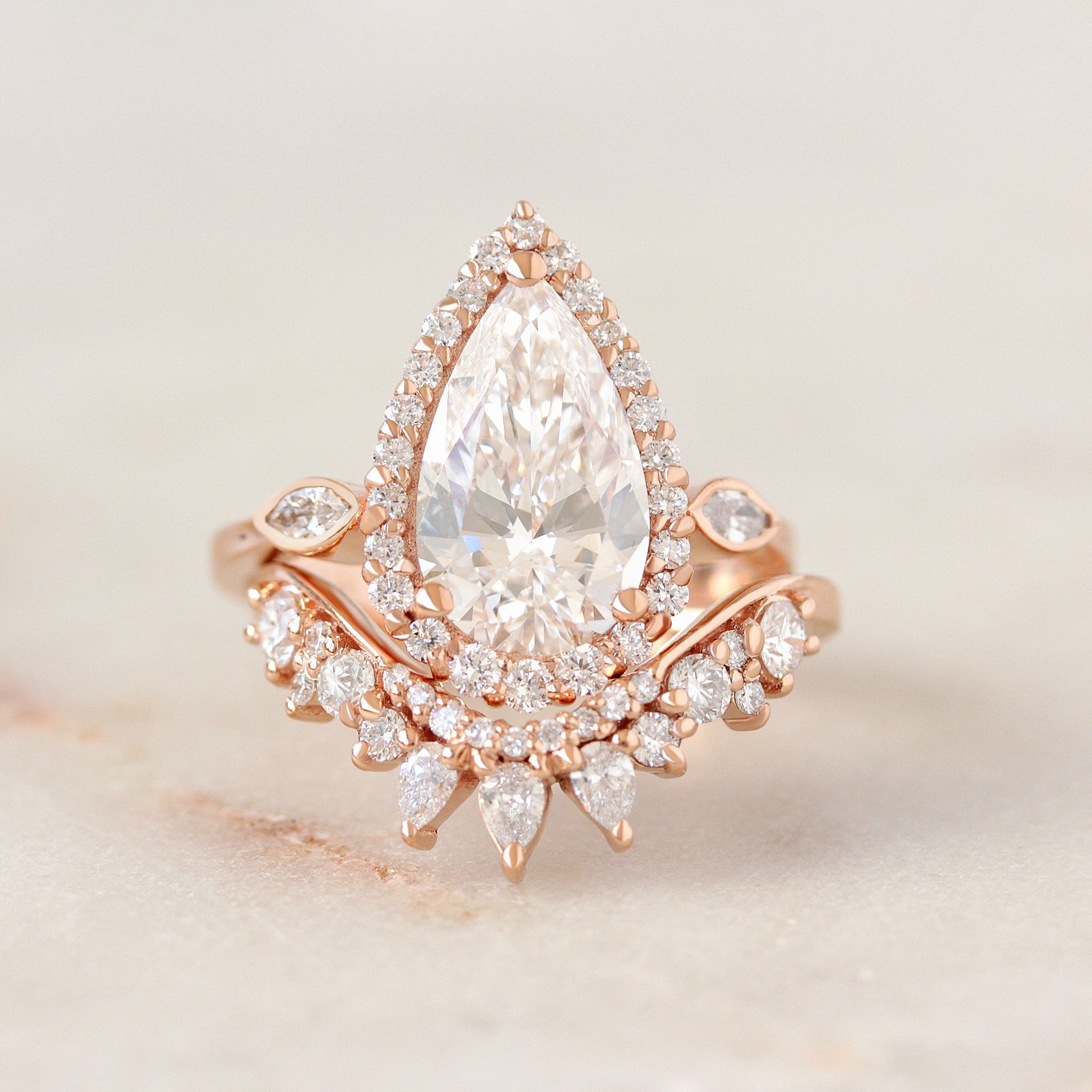 2.5ct Pear Shape Diamond Halo Engagement Ring With a Matching Diamond Nesting Wedding Ring, Zoe and Valeria